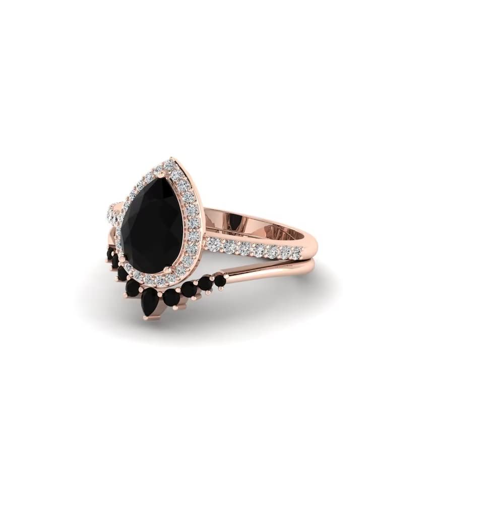 3 Ct Pear Cut Onyx Black Diamond Solitaire Halo Engagement Ring with V-Shaped Wedding Band Set for Women - 925 Sterling Silver Rose Gold Finish | Bridal Jewelry, Anniversary Gift, Proposal Ring
