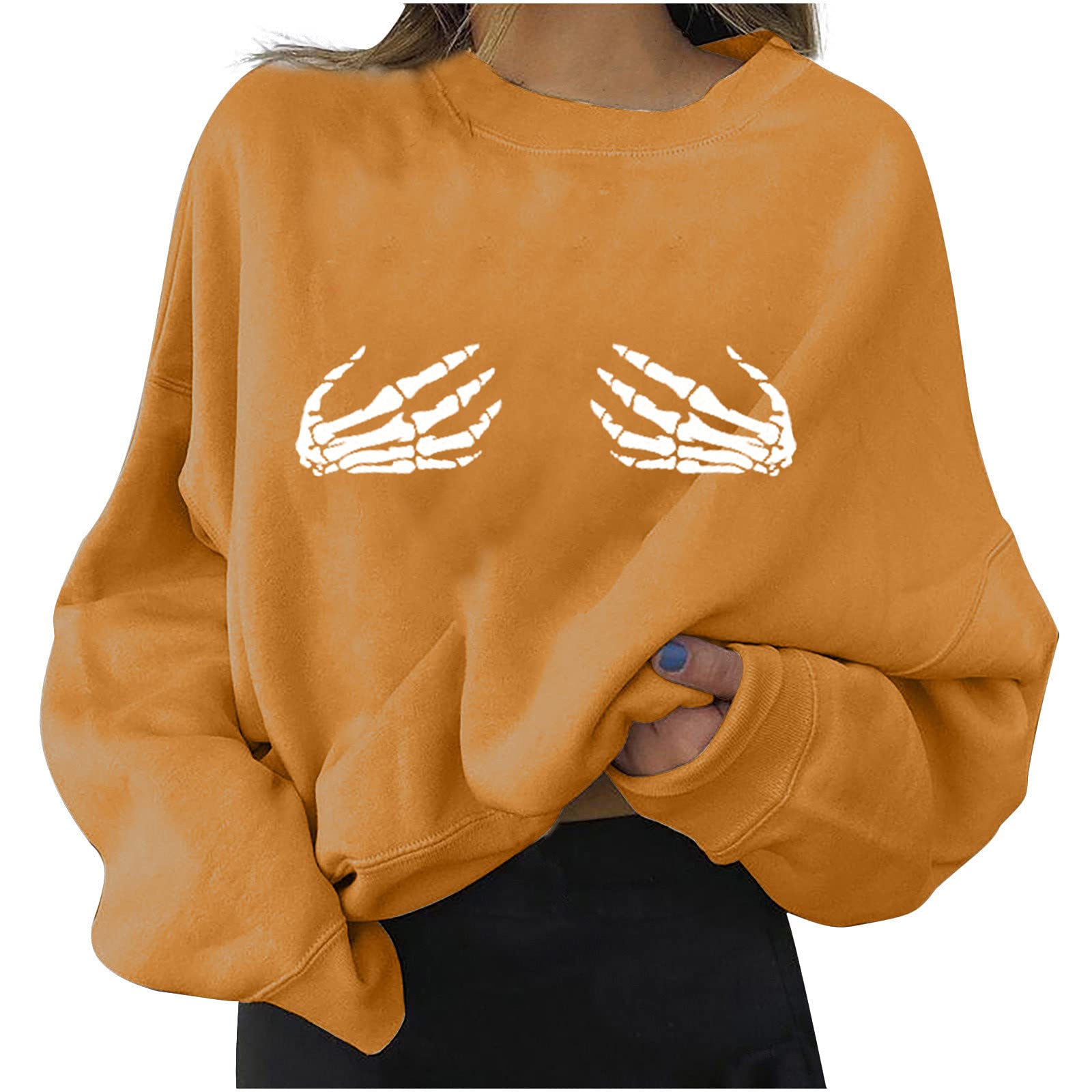 Women's Skeleton Hands & Boobs Halloween Sweater - Gothic Long Sleeve Crewneck Pullover for Casual Wear, Costume Parties & Spooky Outfits