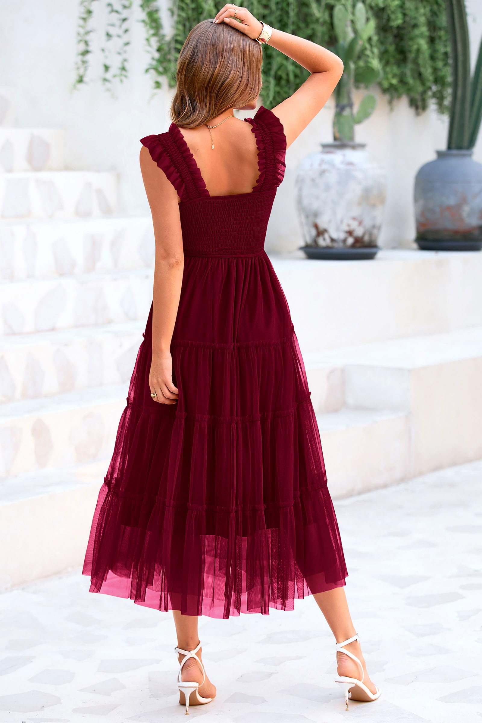 PRETTYGARDEN Women's Summer Midi Tulle Dress - Sleeveless Smocked Square Neck Ruffle Flowy Sundress for Wedding Guest, Party & Beach Vacation | Elegant A-Line Formal Dress for Bridesmaid, Cocktail & Special Occasions
