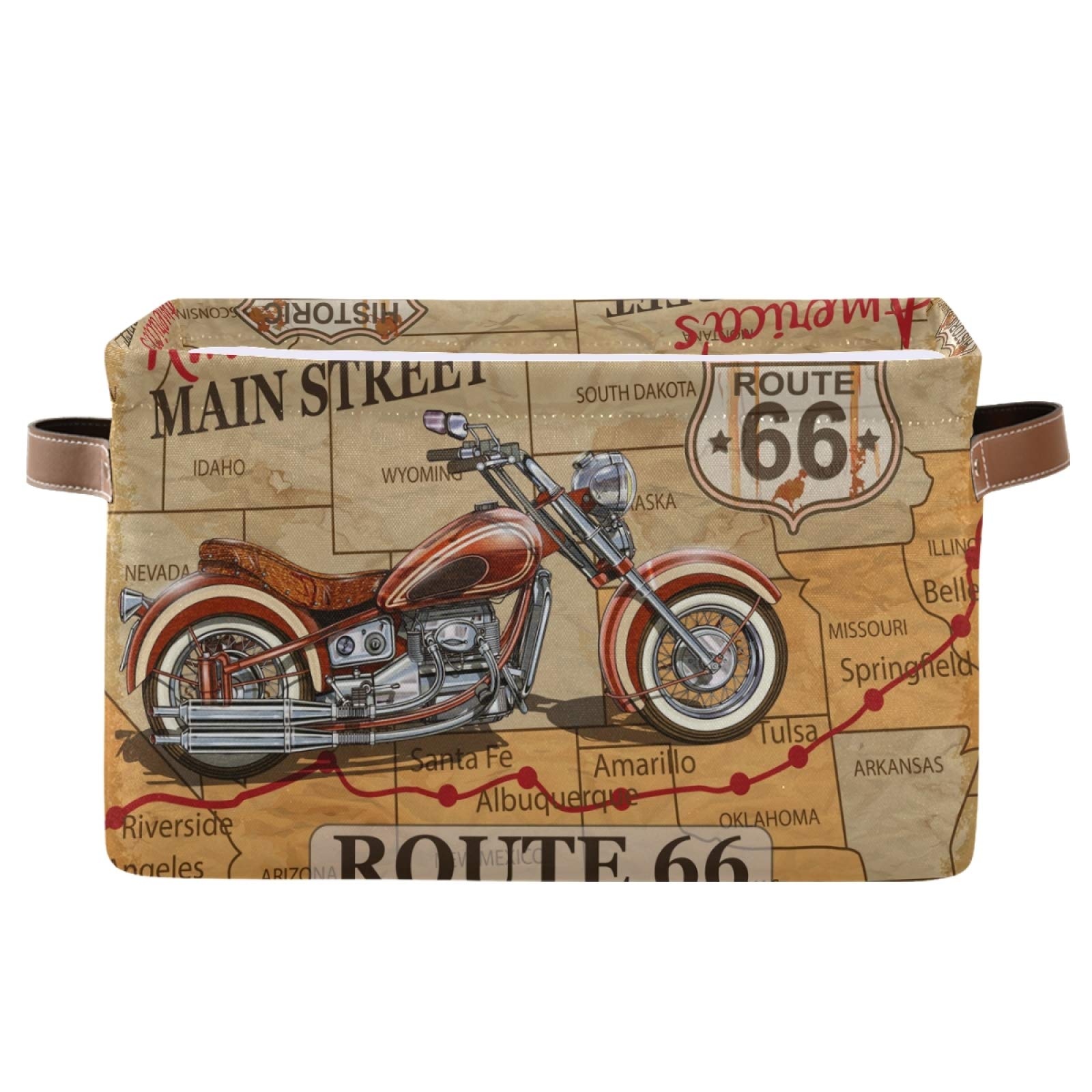 ALAZA Vintage Route 66 Motorcycle Poster Decorative Storage Basket - Rectangular Organizer Bin with Leather Handles for Home & Office Decor | Perfect for Living Room Shelves, Bedroom Organization & Farmhouse Style Decor