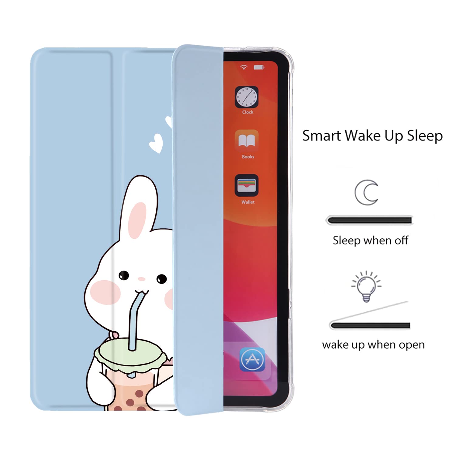 Cute Kawaii Bunny iPad Air 3 Case with Pencil Holder - Auto Sleep/Wake Function - Blue Leather & Clear Soft TPU Back Cover for iPad Pro 10.5 Inch (2017 Model) - Perfect for School, Work & Travel Protection