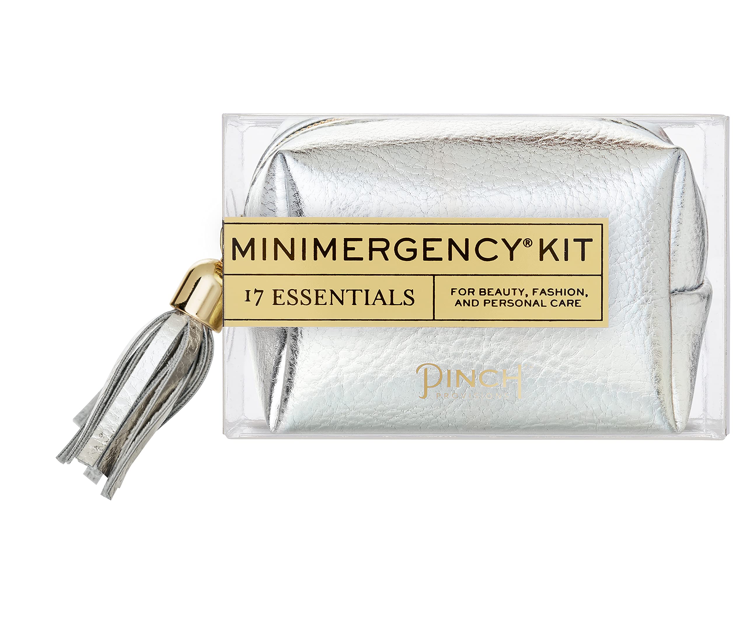 Metallic Minimergency Kit with 17 Travel-Sized Cosmetic Essentials | Compact Beauty Emergency Kit for Women | Perfect for Purse, Travel, Office & On-the-Go Touch-Ups | Great Holiday & Birthday Gift Idea (Silver)