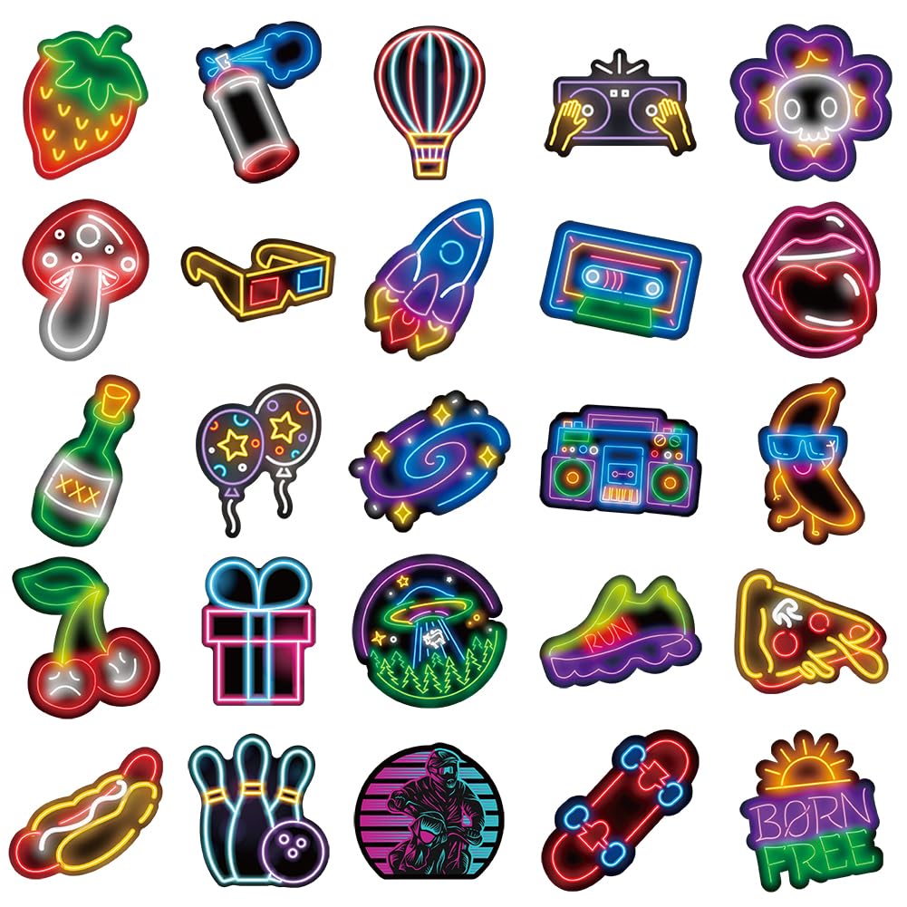 100Pcs Neon Stickers for Water Bottle, Laptop, Hydroflasks - Waterproof Vinyl Decals for Graffiti, Scrapbooking, Suitcase & Bicycle - Vibrant DIY Decoration for Teens Room, School Supplies & Travel Accessories