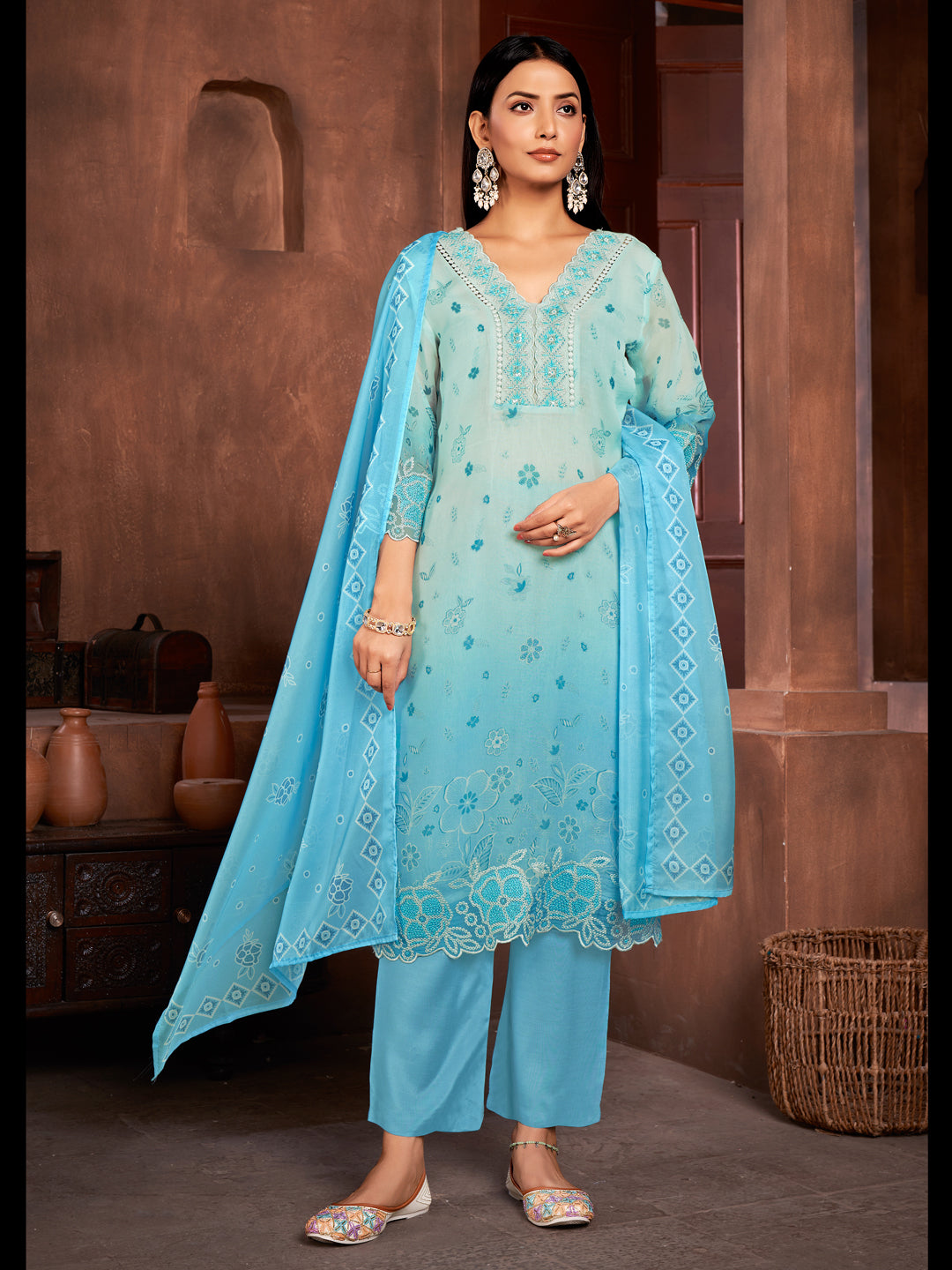Elegant Blue Organza Pant Suit for Women - Designer Formal Wear for Weddings, Parties & Special Occasions
