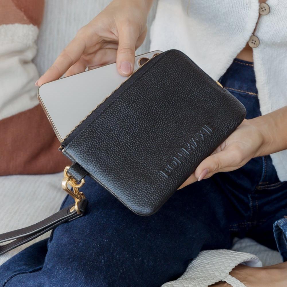 Premium Genuine Leather Phone Wallet Pouch - Slim RFID Blocking Card Holder for iPhone & Samsung - Stylish Black for Everyday Use & Travel