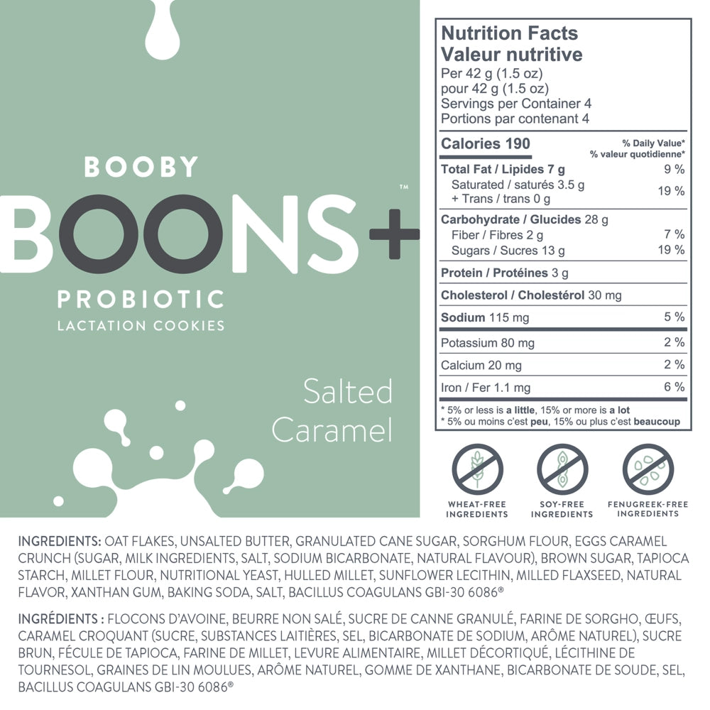 Booby Boons+ Probiotic Lactation Cookies - Salted Caramel Flavor for Nursing Moms | Supports Milk Supply & Digestion | Healthy Postpartum Snack for Breastfeeding Mothers at Home or Work