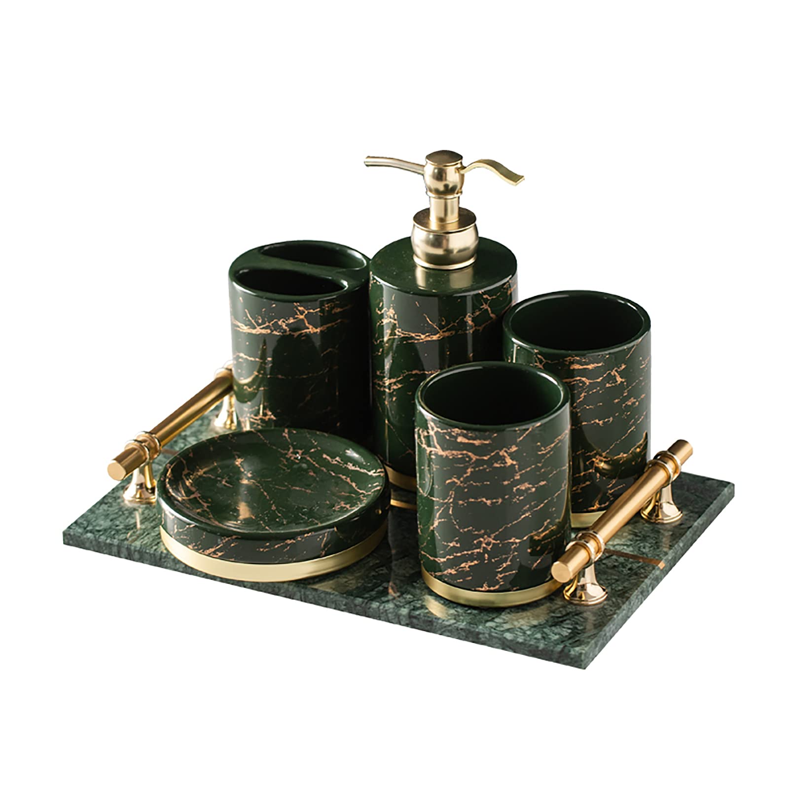 Premium 6-Piece Bathroom Accessories Set - Marble Pattern Soap Dispenser, Toothbrush Holder & Soap Dish - Modern Green Bathroom Decor for Home, Hotel & Spa - Complete Bathroom Organization Solution