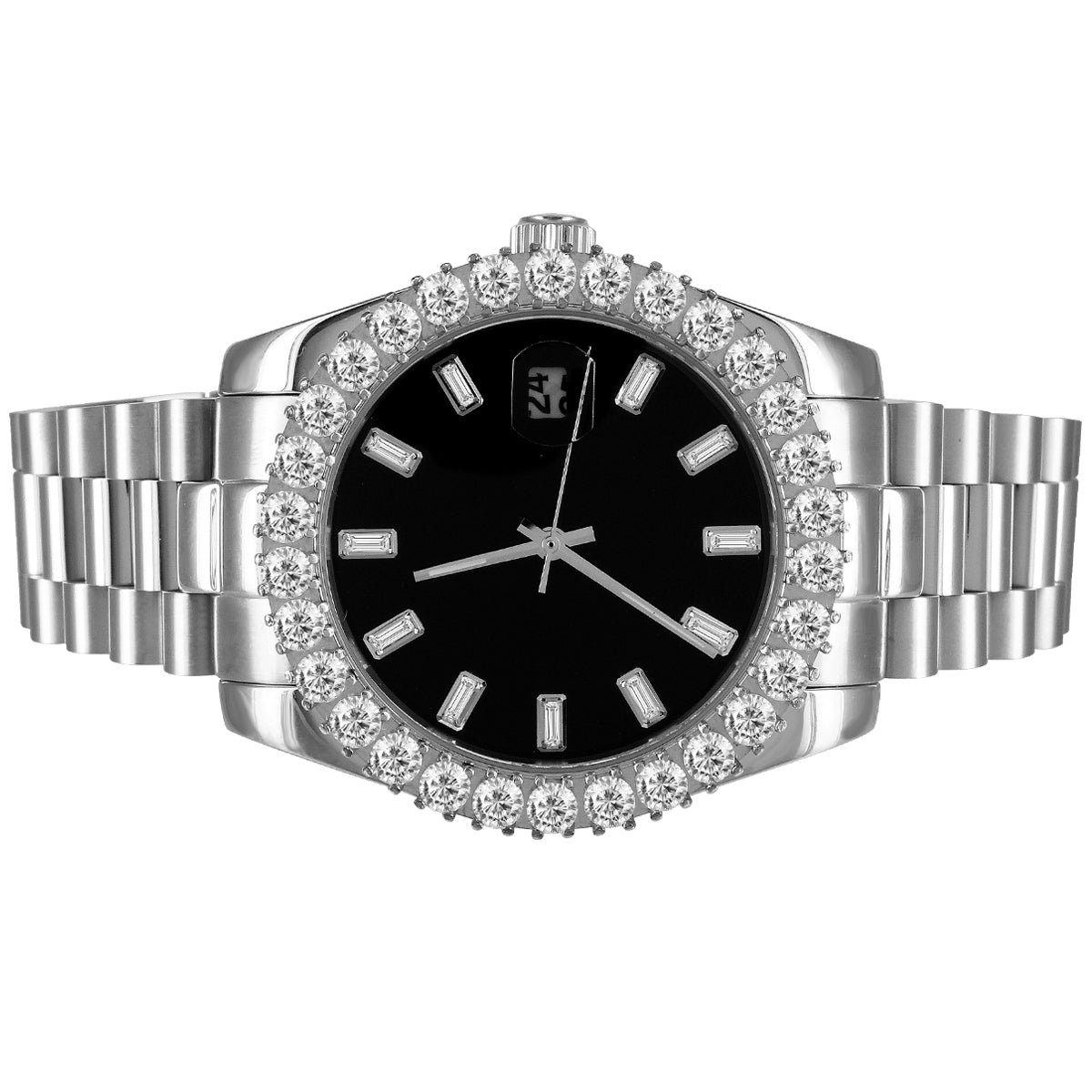 41mm Stainless Steel Solitaire Dial Black Face Baguette Men's Watch - Luxury Dress Watch for Business, Formal Events & Special Occasions