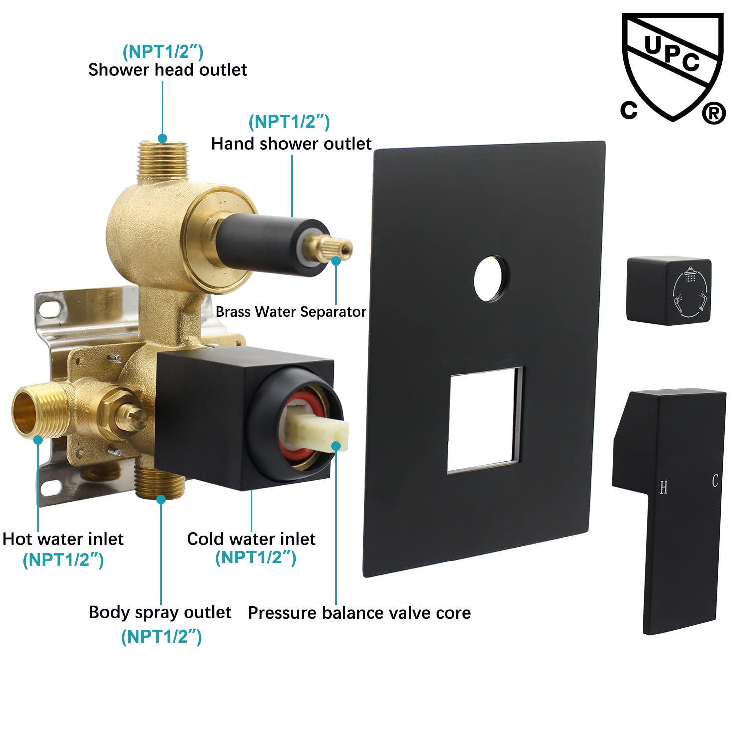 Matte Black Concealed 3-Way Shower Diverter Valve - Brass Flow Control Mixer with Rough-In Kit | Perfect for Modern Bathroom Renovations & Spa-Like Shower Experiences