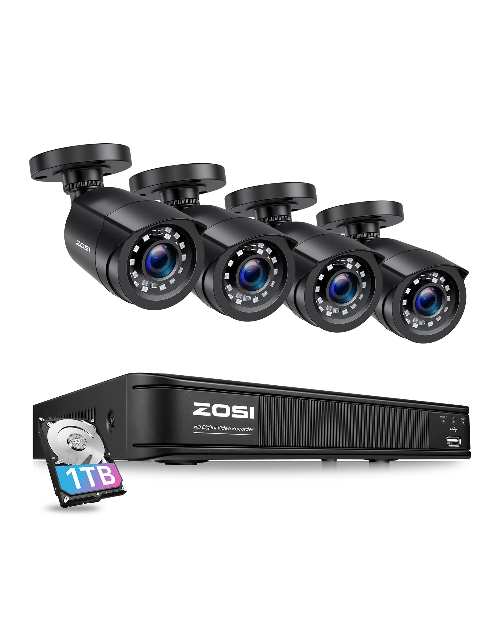 ZOSI 8CH 5MP Lite CCTV DVR Security System with 1TB HDD & 4 Weatherproof 1080P Bullet Cameras - 80ft Night Vision, H.265+, Motion Alerts for Indoor/Outdoor Home & Business Surveillance (Ideal for Backyard, Garage & Property Monitoring)