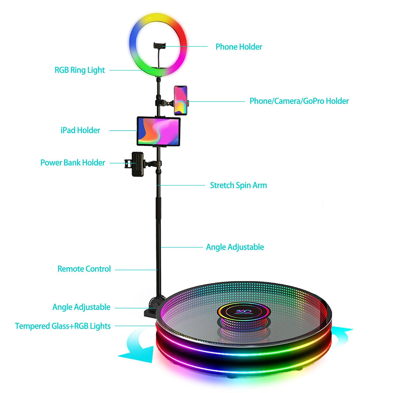 FXNFXLA 360 Magic Glass Photo Booth Machine - Automatic Spin Camera with Remote Control for Parties & Events - 80cm/31.5in Selfie Platform - Perfect for Weddings, Birthday Celebrations & Corporate Functions