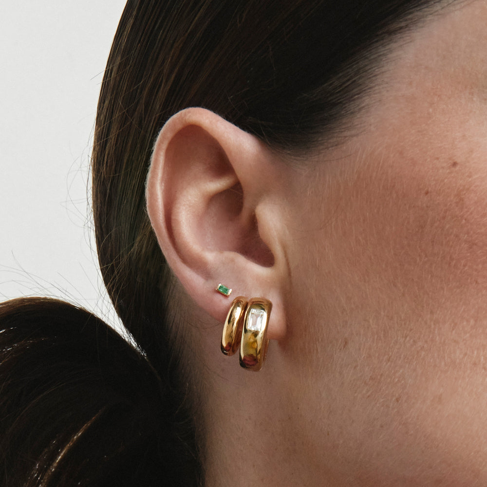 White Topaz Baguette Curve Huggie Earrings in 14K Gold - Elegant Everyday Jewelry for Women