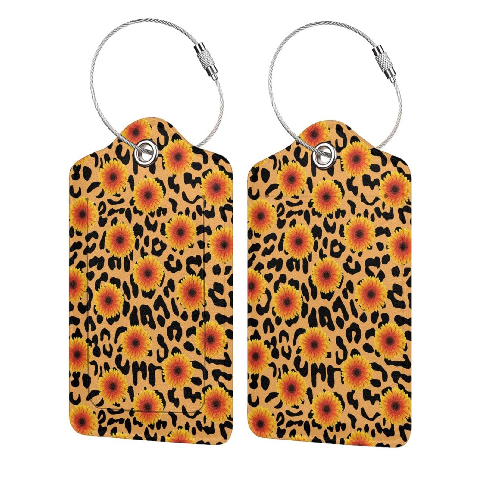 2 PCS Cheetah & Sunflower PU Leather Luggage Tags with Stainless Steel Loop - Stylish Privacy ID Cover for Suitcases - Perfect Travel Accessories for Women, Men & Kids - Great Gift Idea for Holidays & Business Trips