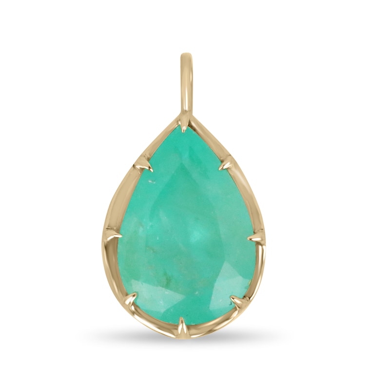 16.15ct 14K Gold Pear Cut Spring Green Emerald Pendant Necklace - 8 Prong Claw Setting, Elegant Teardrop Jewelry for Weddings, Parties & Special Occasions