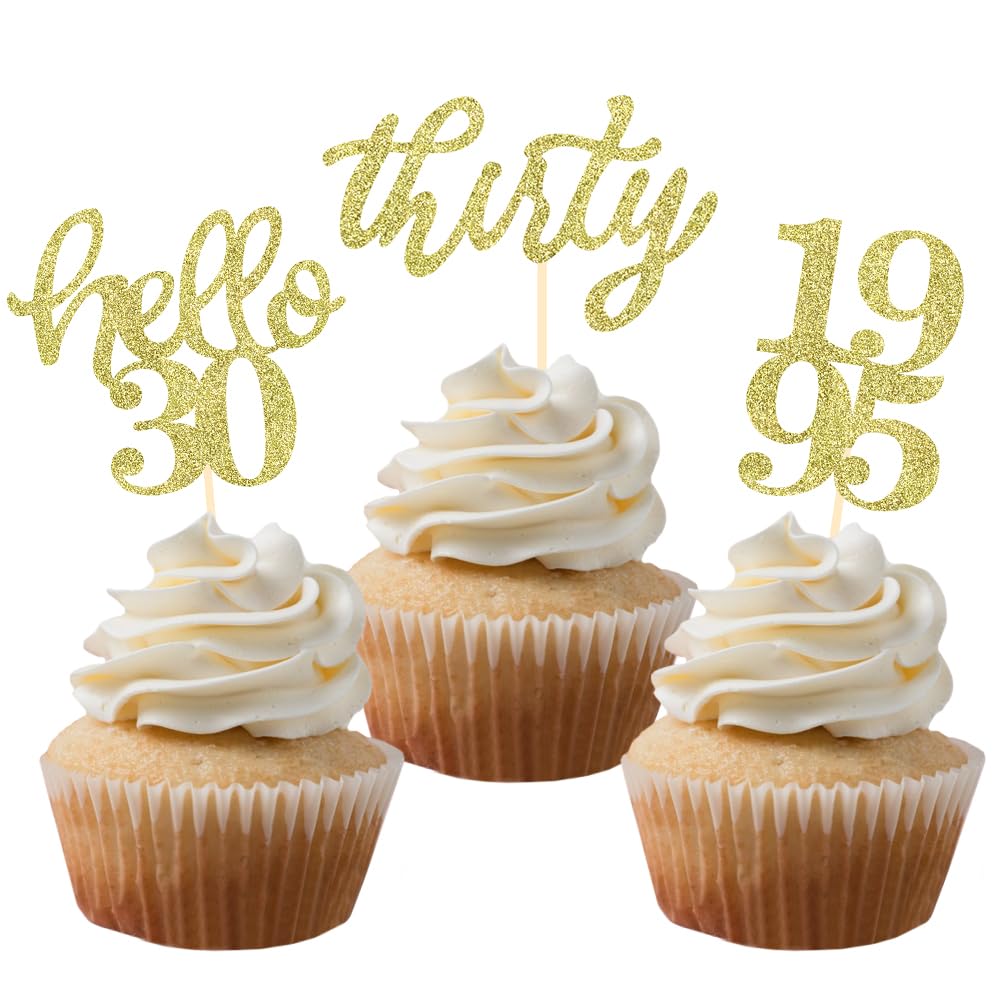 24 Pcs Gold Glitter 30th Birthday Cupcake Toppers - Elegant Anniversary Party Decor for Wedding, Milestone Celebrations & Special Events - Perfect for 30th Birthday Cakes, Desserts & Sweet Table Displays