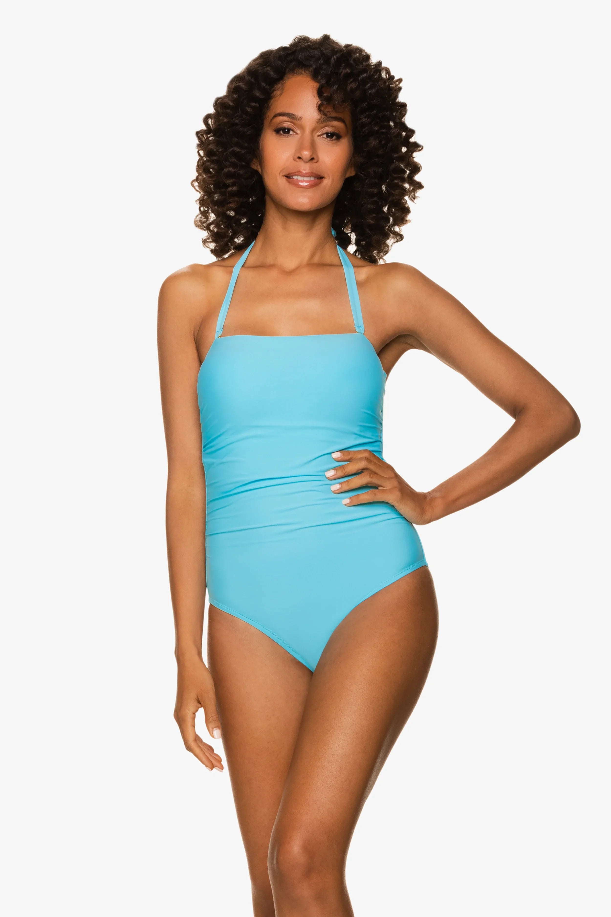 Sky Blue Belted Bandeau One Piece Swimsuit - Women's High Waisted Bathing Suit for Beach & Pool | Summer Vacation & Tropical Getaways