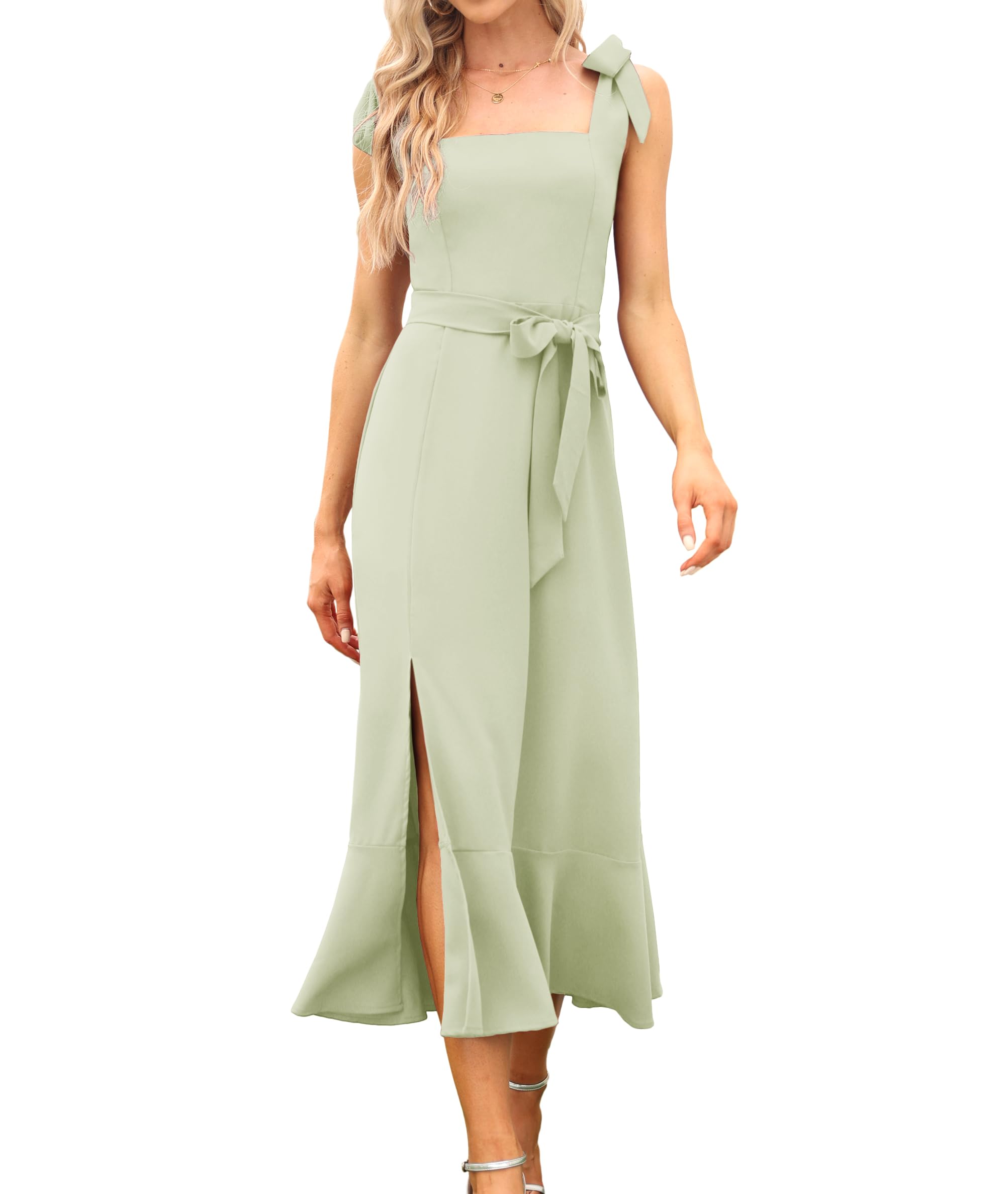 Elegant Square Neck Ruffle Bridesmaid Dress with Side Split - Women's Midi Formal Gown for Wedding Guest, Cocktail Party & Special Occasions