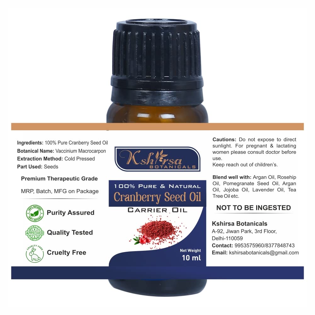 100% Pure & Natural Cranberry Seed Oil (Vaccinium Macrocarpon) - Cold Pressed, Organic, for Skin Care, Hair Growth & Aromatherapy - 10ml with Euro Dropper - Perfect for DIY Beauty, Massage & Natural Remedies