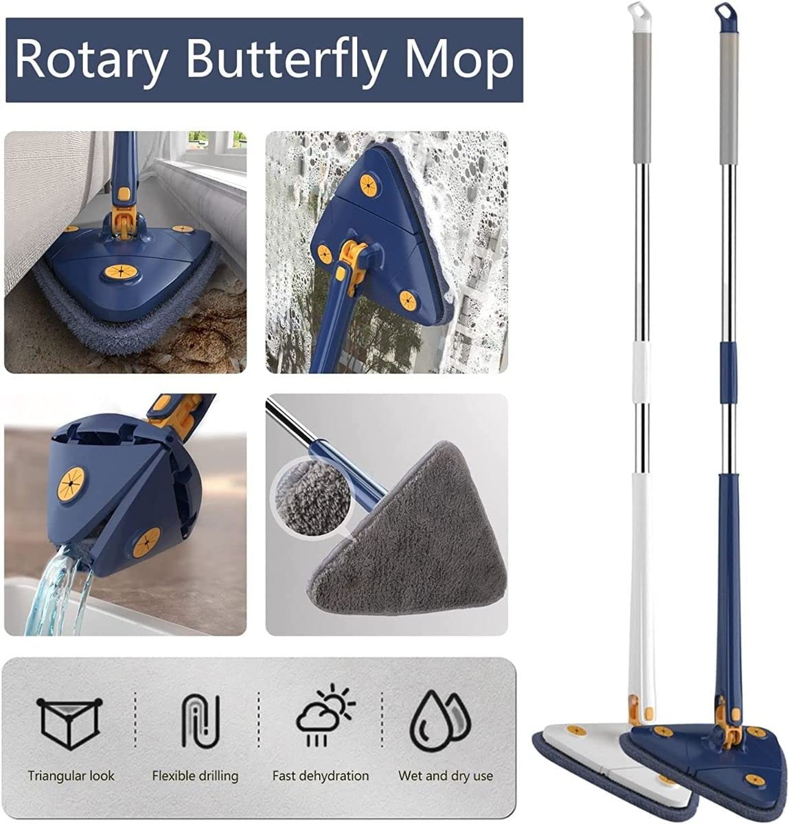 360° Rotating Adjustable Mop with Triangular Head - Multi-Function Spin Mop for Floor Cleaning - Perfect for Hardwood, Tile & Laminate Floors