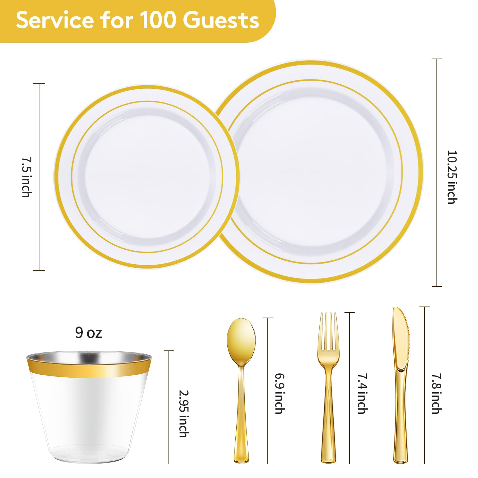 600-Piece Gold Disposable Plastic Party Dinnerware Set - Includes 100 Dinner Plates, 100 Salad Plates, 100 Spoons, 100 Forks, 100 Knives & 100 Cups - Elegant Tableware for Weddings, Banquets, Catering & Large Gatherings