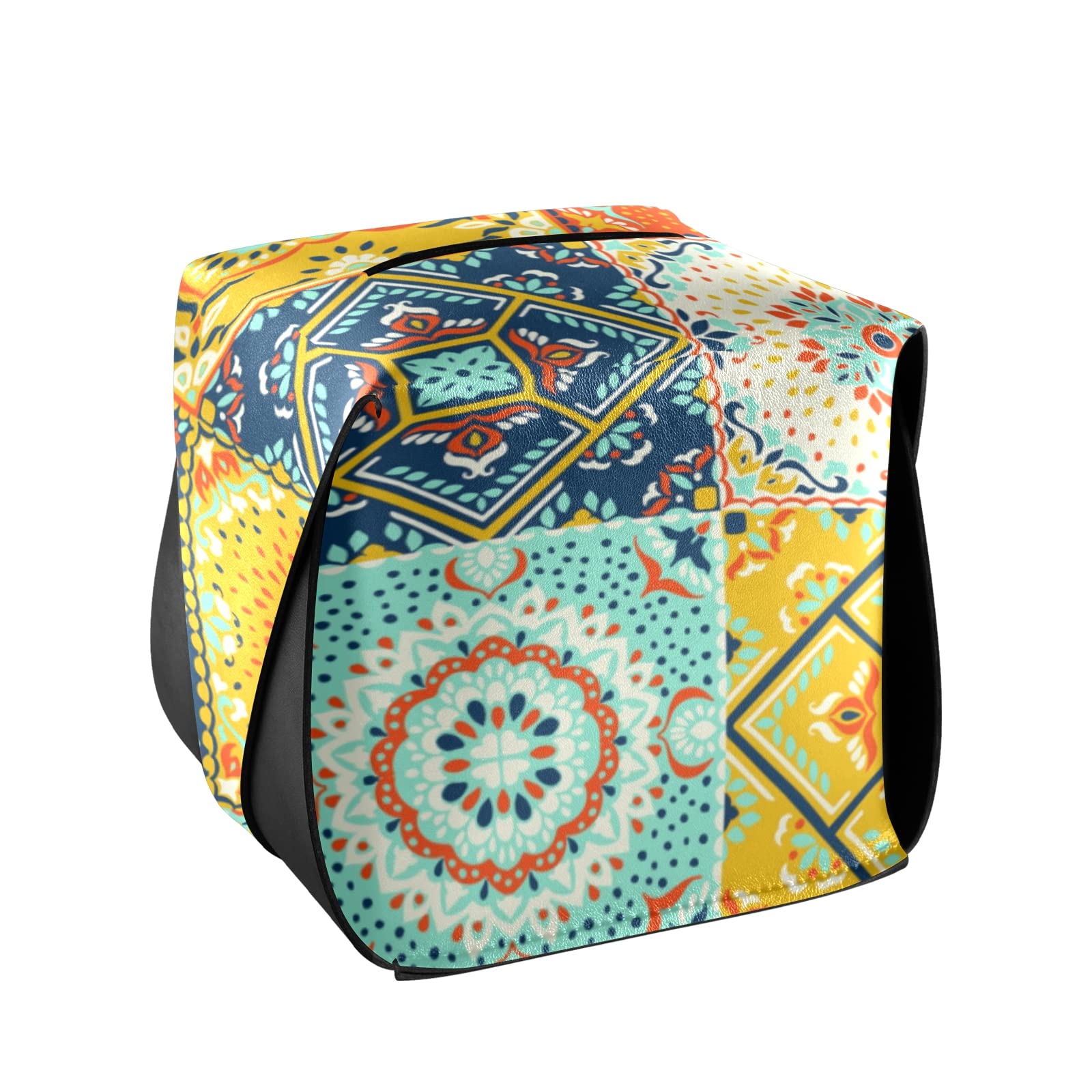 Handcrafted Talavera Indian Ceramic Mosaic Tile Leather Tissue Box Cover - 9.4x5.1x3.6 Inches - Ethnic Rectangle Design with Handle for Bathroom, Home, Office & Car | Perfect for Nightstands, Vanity Countertops & Desks