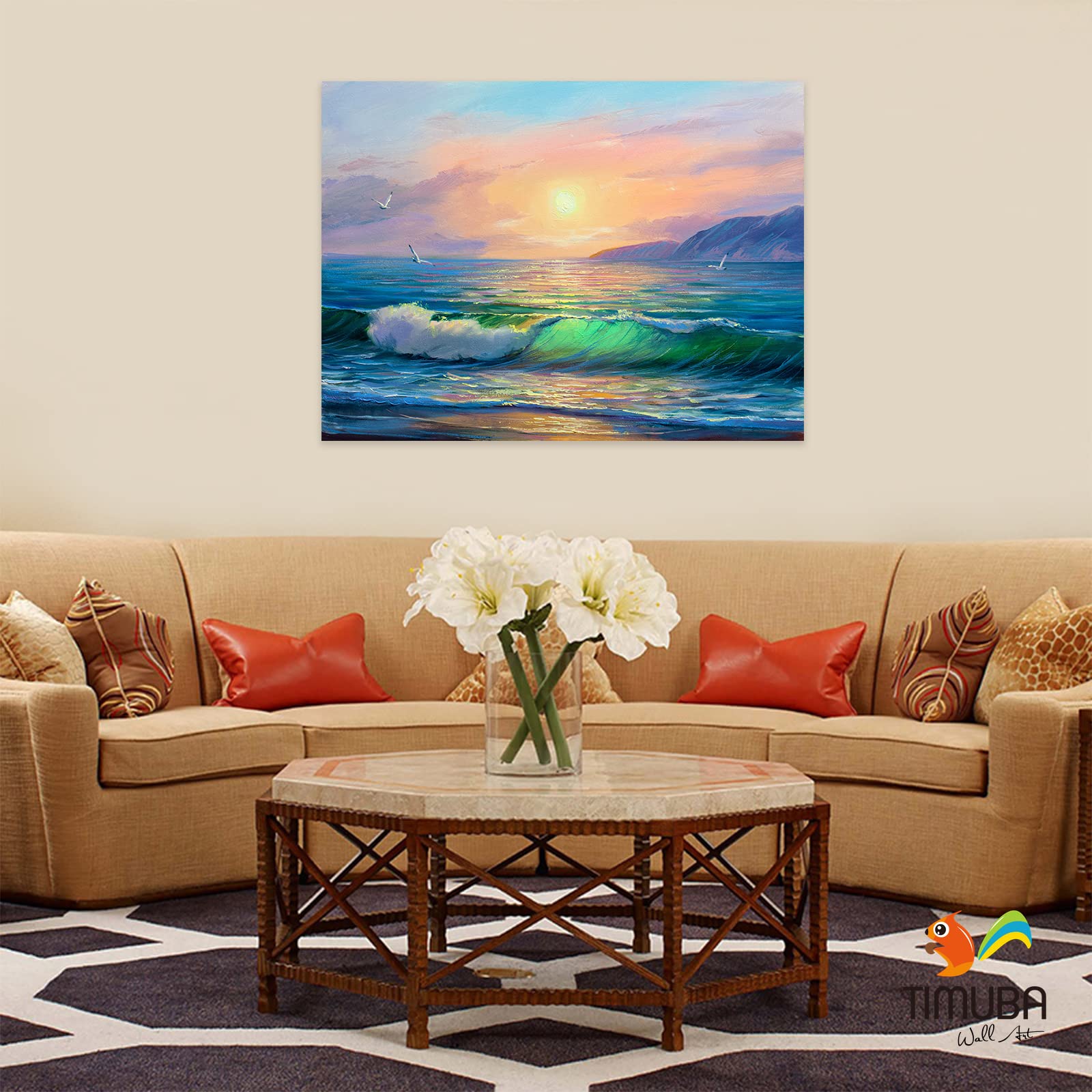 Ocean Wall Art - Abstract Beach Themed Painting for Bathroom & Bedroom Decor - 32x48 Inch Seagull Wall Decor - Perfect for Coastal, Nautical & Beach House Interior Design