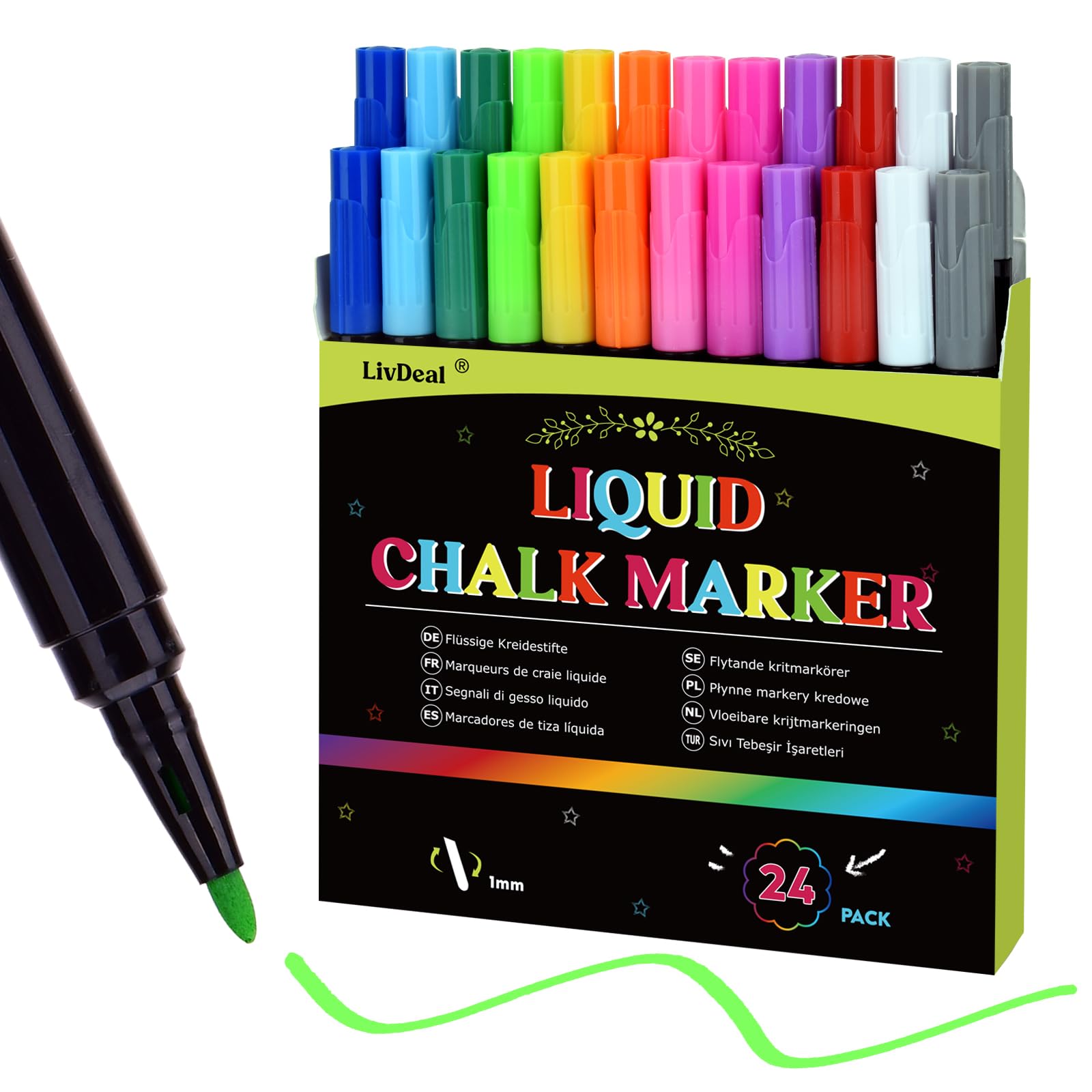 24 Pack Liquid Chalk Markers - 12 Vibrant Colors with 1mm Fine Tips for Chalkboard, Acrylic, Glass, Windows & Mirrors - Perfect for Fridge Calendar Boards, Restaurant Menus, Classroom Teaching & DIY Crafts