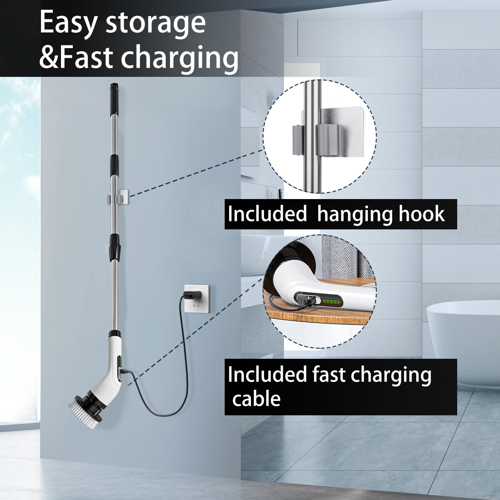 Electric Spin Scrubber with 8 Brush Heads - IPX7 Waterproof Shower Cleaner, Cordless Bathroom & Kitchen Cleaning Brush with LCD Display & Adjustable Handle - Perfect for Tile Grout, Bathtubs, Sinks and Stove Tops