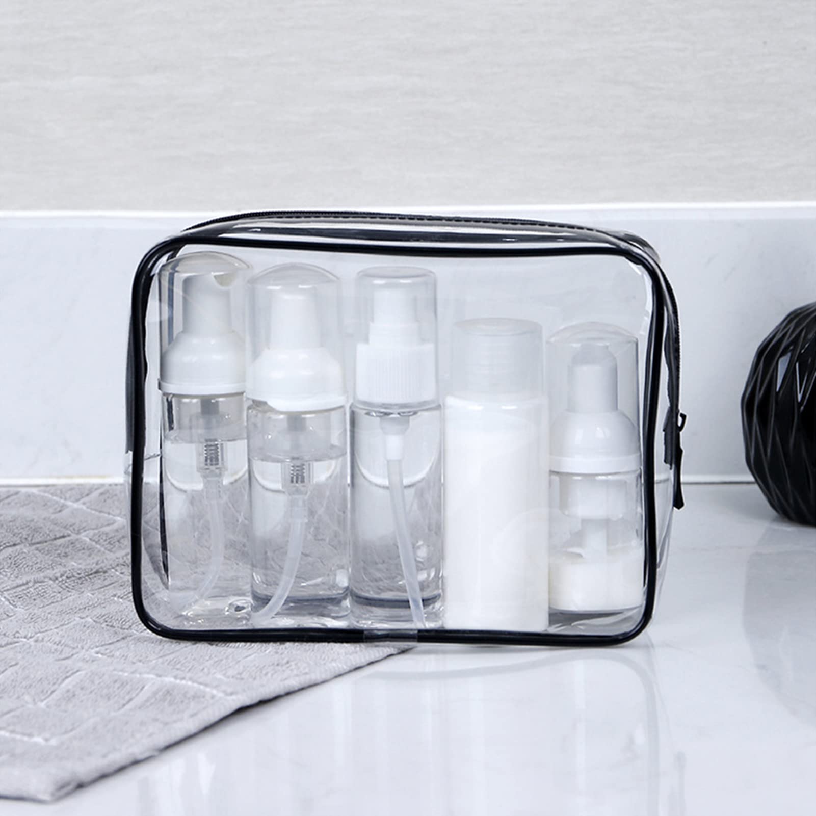 **Clear Travel Toiletry Bag - Waterproof PVC Makeup Organizer with Zipper for Men, Women & Kids | Perfect for Airplane, Gym & Weekend Trips (Black, M/L)**