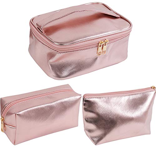 3 Pack Rose Gold Makeup Bag - Waterproof Travel Toiletry Organizer for Cosmetics & Brushes | Portable Cosmetic Pouch for Women, Girls & Men | Perfect for Travel, Gym & Daily Use