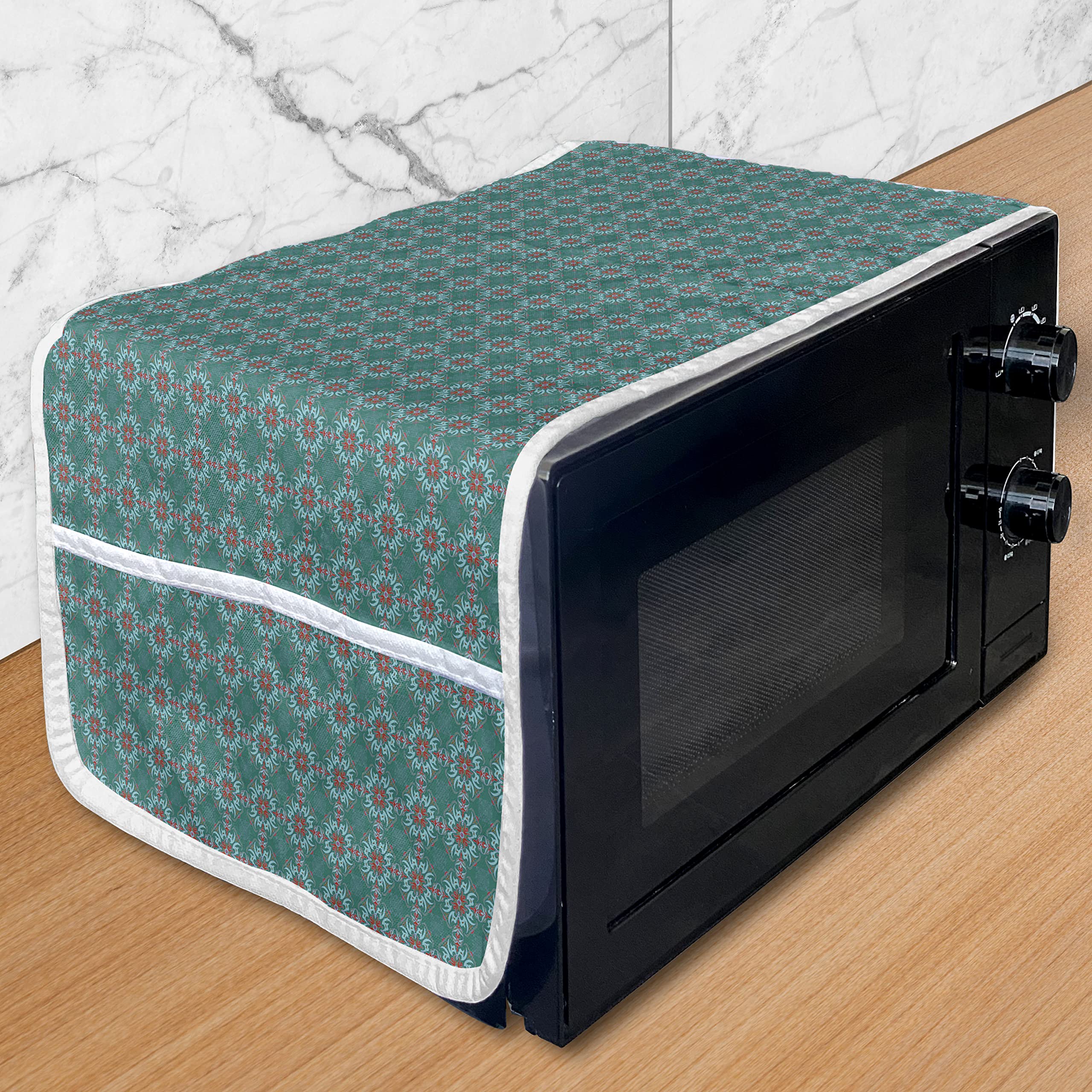 Ambesonne Vintage Microwave Oven Cover - Waterproof Kitchen Organizer with Pockets, 36x12 Inch, Jade Green & Blue Red Spanish Tile Design - Perfect for Microwave Protection & Kitchen Decor
