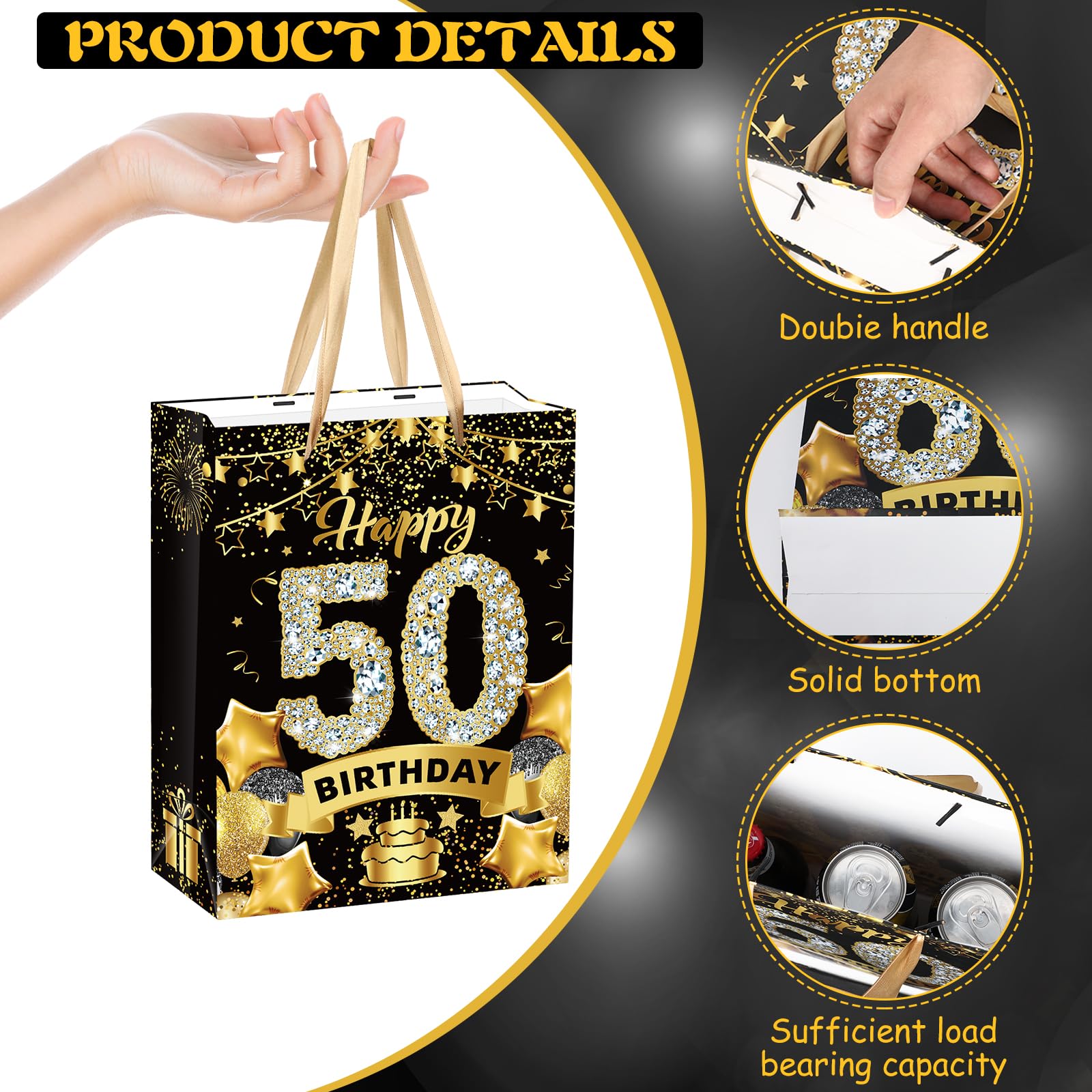 Premium Black & Gold 50th Birthday Gift Bags Set - Includes Tissue Paper & Greeting Card - Elegant Candy Wrapping Bags for Men & Women - Perfect for Christmas, Anniversary & Milestone Celebrations - Great for Party Favors, Candy Packaging & Special Occasion Gifts