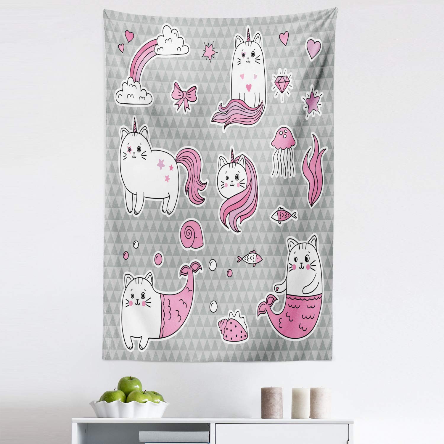 Ambesonne Unicorn Cat Tapestry - Fantasy Underwater Theme with Mermaid Fishes, Bubbles & Hearts - 30x45 Inch Gray Pale Pink White Fabric Wall Hanging for Bedroom, Living Room, Dorm Decor | Perfect for Boho Home Decor, Teen Room & Gift Ideas