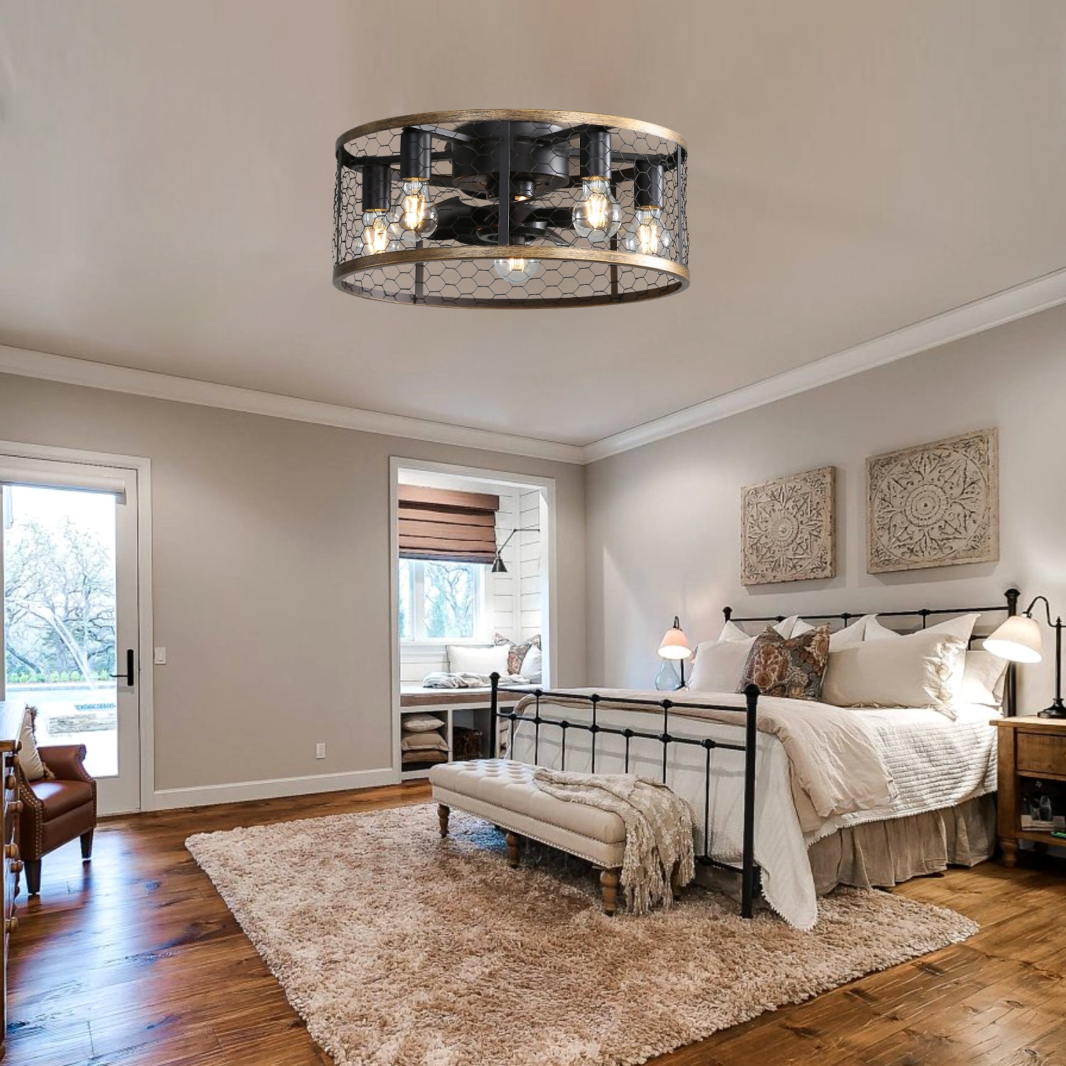 20 Inch Industrial Caged Ceiling Fan with 7 ABS Blades & Remote Control - Reversible DC Motor, Small Flush Mount Farmhouse Ceiling Fan for Bedroom, Living Room, Kitchen, Garage & Outdoor Spaces