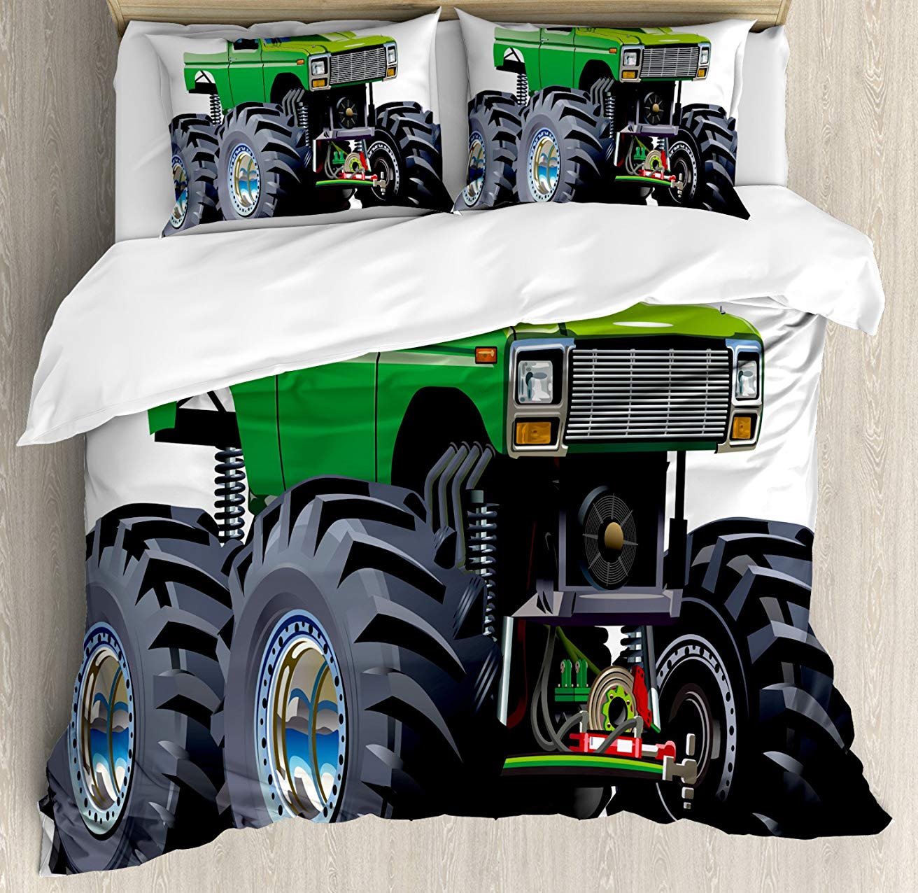 Woken Day Cars 3-Piece King Size Bedding Set - Monster Truck Design Comforter, Duvet Cover & 2 Pillowcases for Kids, Teens & Adults - Perfect for Boys' Bedrooms, Themed Decor & Gift Ideas