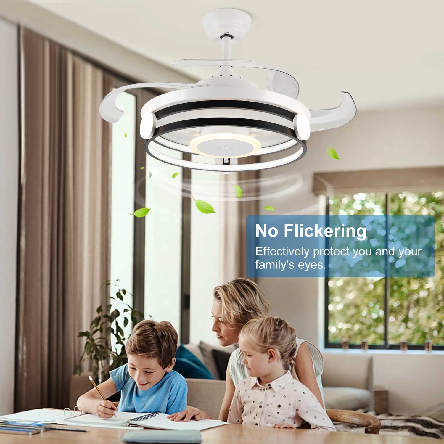35 Inch Retractable Bladeless Ceiling Fan with Remote Control - 30W LED Light, 3 Speed Settings, Timer Function & 3 Color Options - Ultra Quiet Modern Ceiling Fan for Kitchen, Bedroom, Living Room - FCC Certified | Perfect for Home Cooling & Ambient Lighting