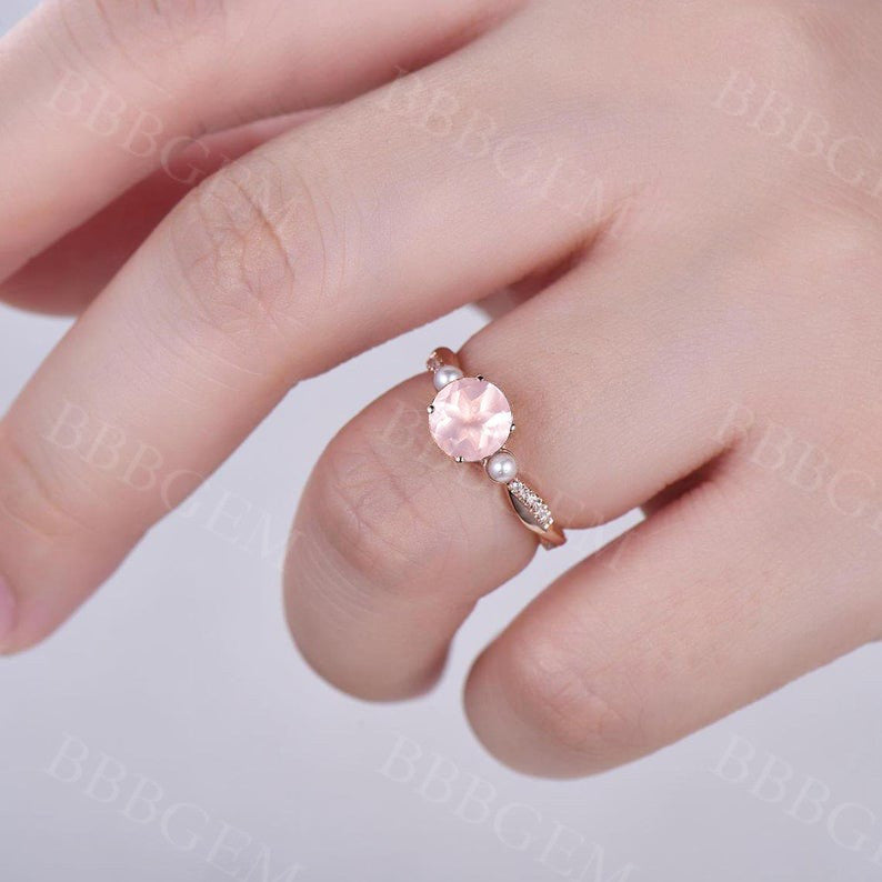 Three Stone Rose Quartz Engagement Ring with Pearl & Diamond Accents - Elegant Wedding Band for Brides, Anniversaries & Romantic Occasions