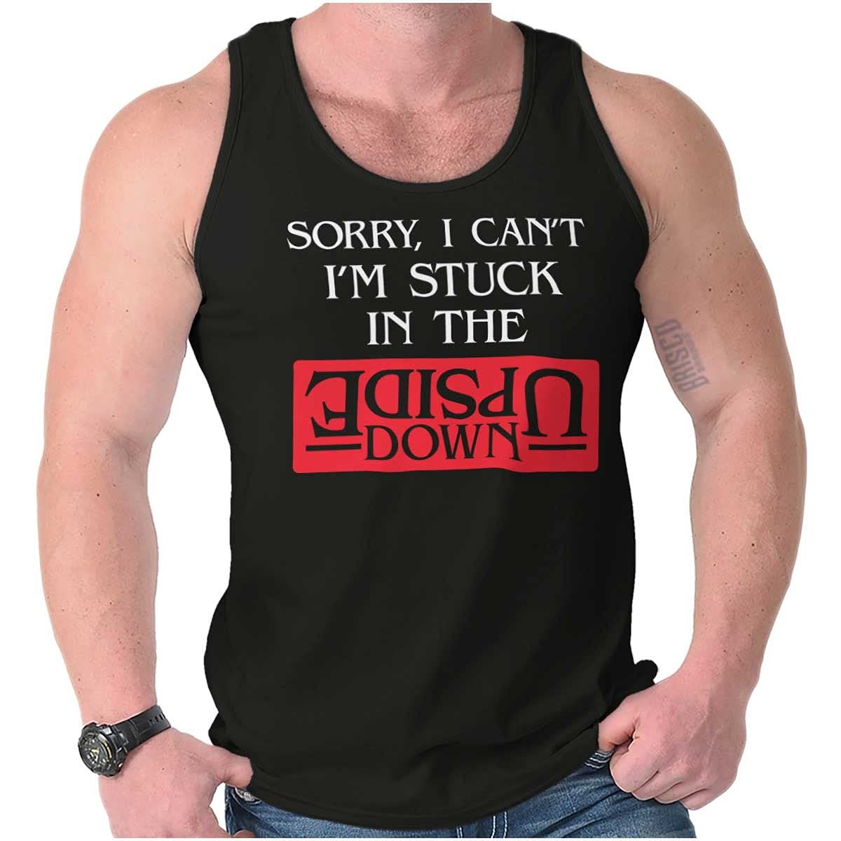Brisco Brands Funny 'Sorry I Can't I'm Stuck Upside Down' Graphic T-Shirt for Men & Women | Trendy Humor Tee for Casual Wear, Parties & Gifts