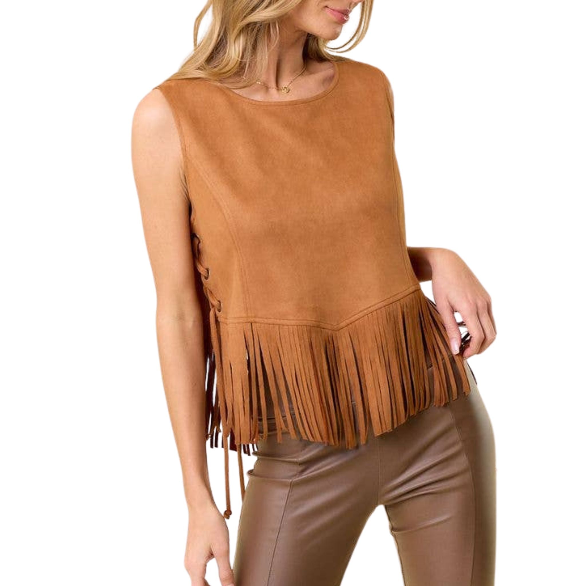 Camel Side Lace Up Fringed Top - Bohemian Chic Women's Blouse for Casual Wear & Festival Outfits