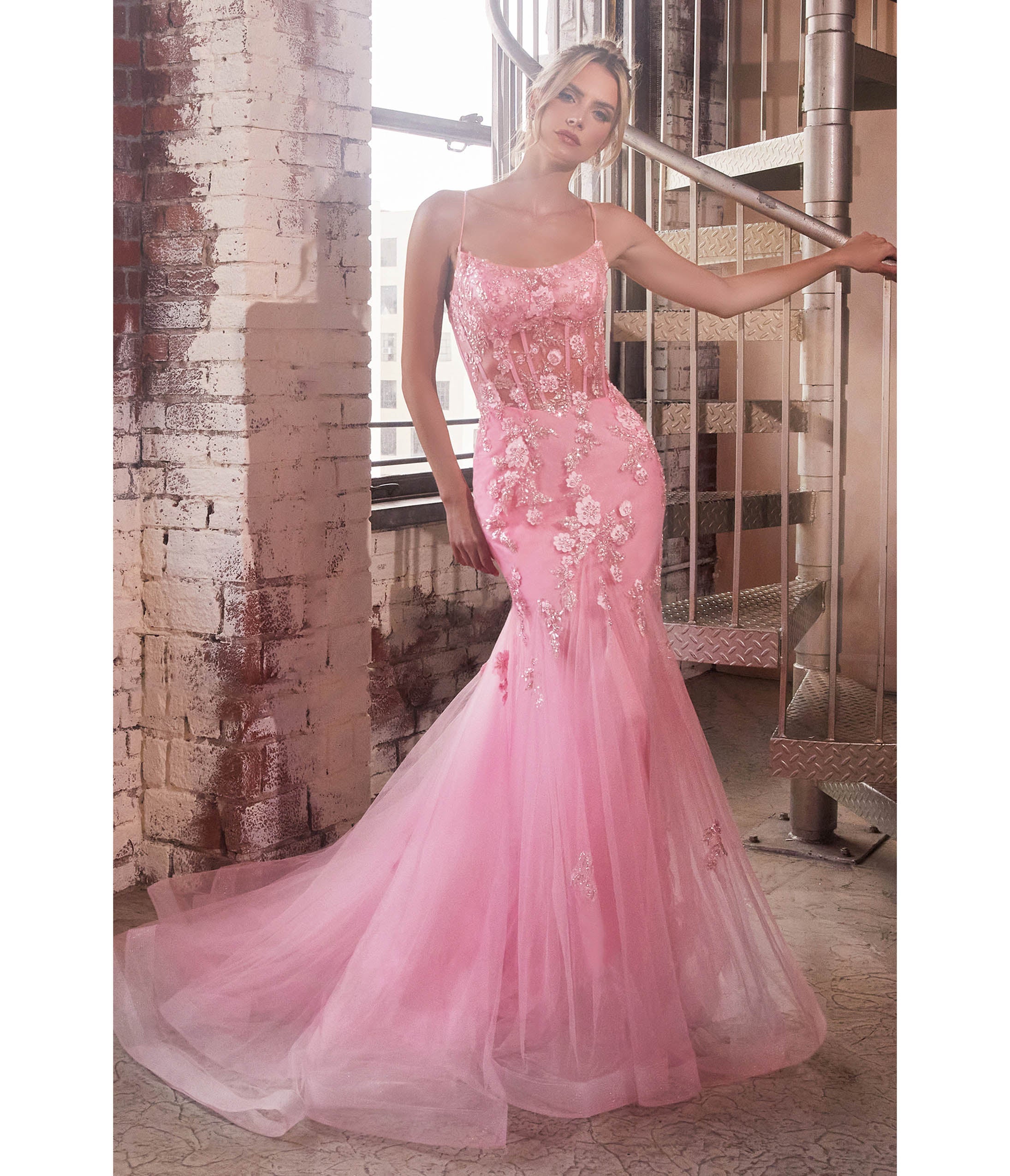 Ladivine by Cinderella Divine Pink Floral Beaded Corset Mermaid Gown - Elegant Prom Dress for Weddings, Evening Parties & Special Occasions