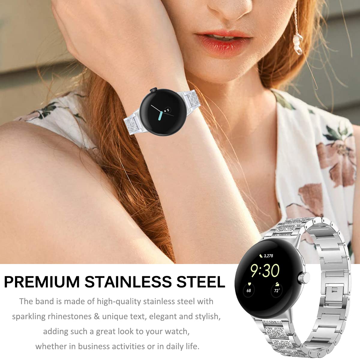 Miimall Bling Diamond Rhinestone Stainless Steel Band for Google Pixel Watch 3 41mm/Pixel Watch 2 - Elegant Metal Replacement Strap for Women, Night Out & Special Occasions