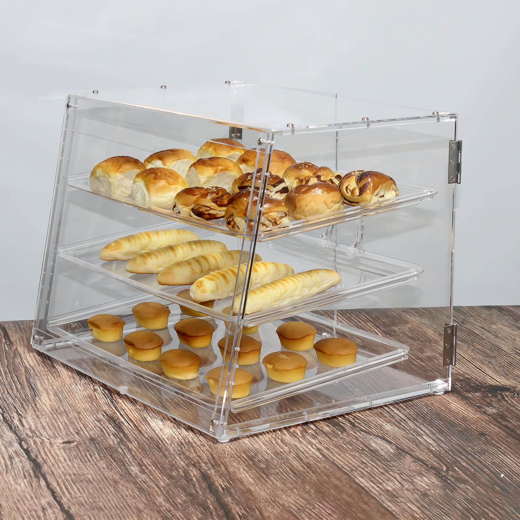 Clear Acrylic Pastry Display Case with 3 Trays - Countertop Bakery Bread & Dessert Showcase Cabinet for Cookies, Donuts, Cakes - Perfect for Bakeries, Cafes, and Retail Stores (Includes Back Door)