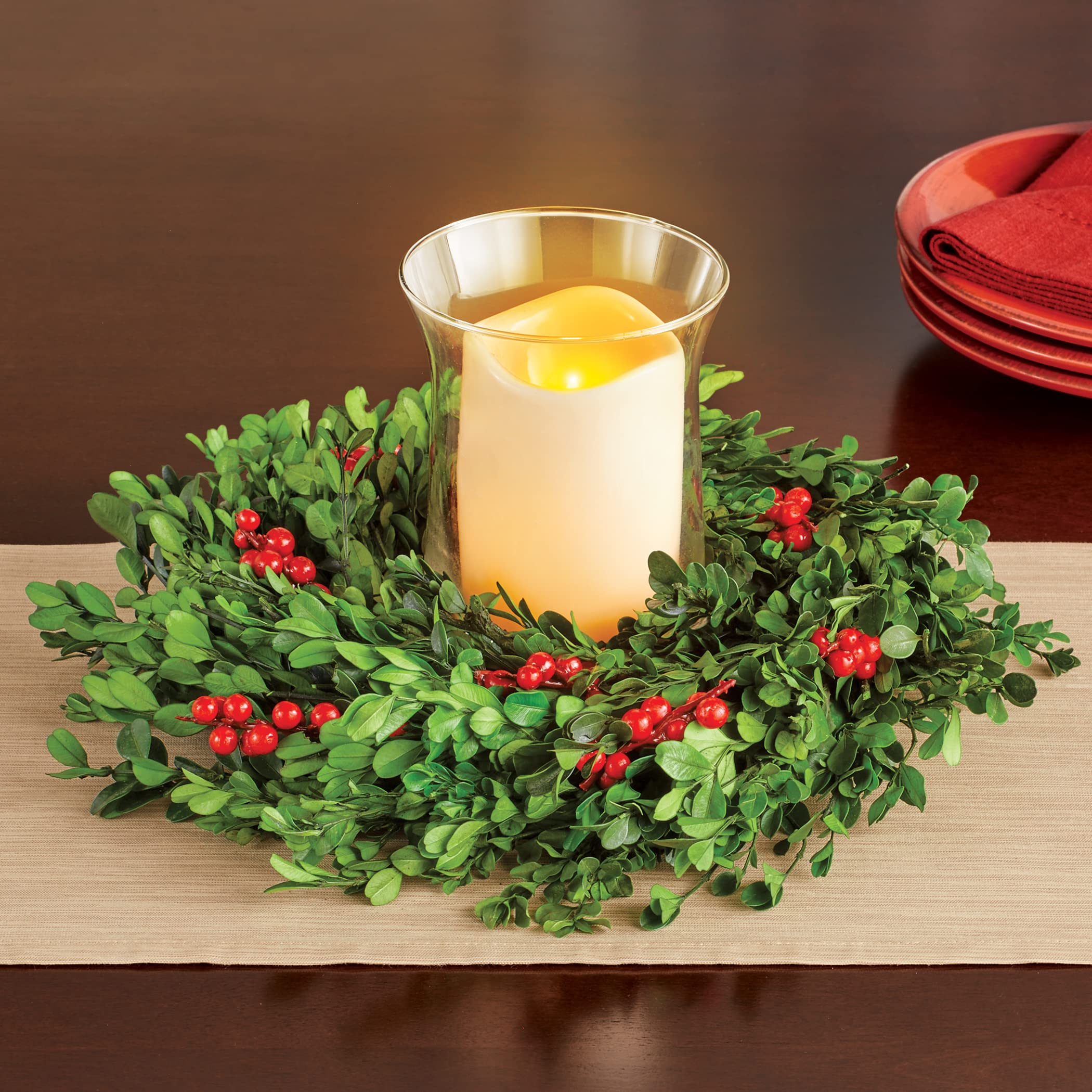 Elegant Holiday Greens Arrangement in Glass Hurricane Vase - Perfect for Christmas Table Centerpiece, Mantel Decor, and Festive Home Styling