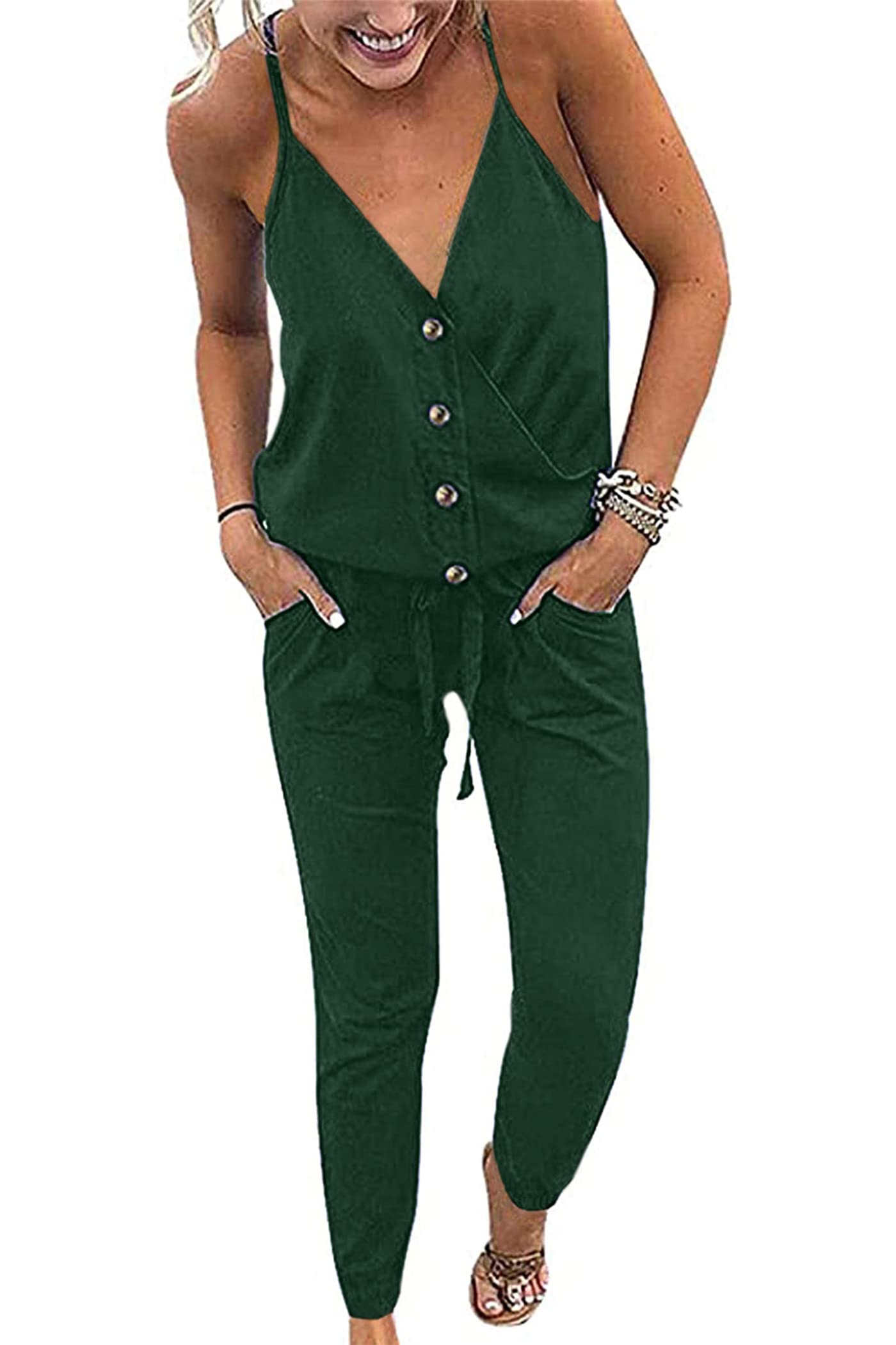 PRETTYGARDEN Women's Summer Casual Jumpsuit - Wrap V Neck Sleeveless Romper with Pockets | Lightweight One Piece Outfit for Beach, Vacation & Outdoor Activities