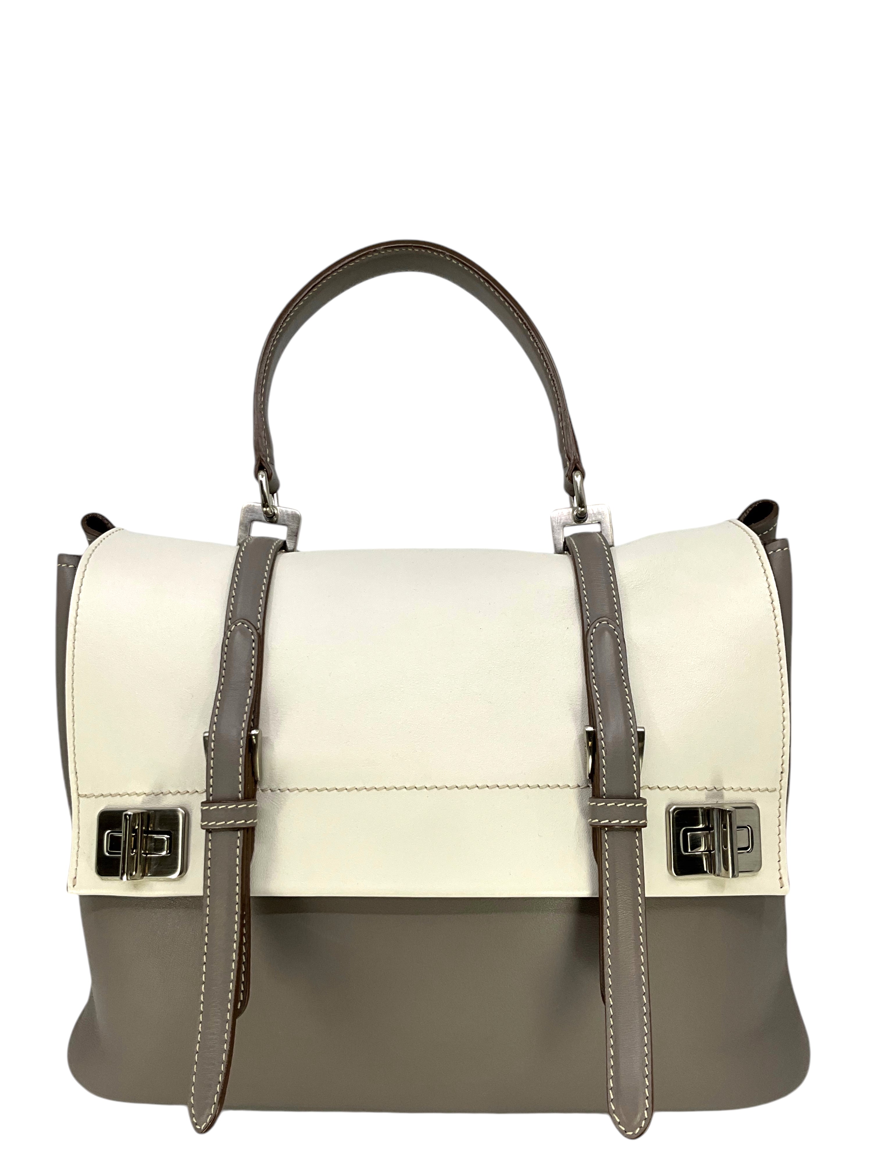 PRADA Dual Flap Double Turn Lock Satchel Handbag - Genuine Calfskin Leather Large Tote Bag for Women | Perfect for Work, Travel & Everyday Use
