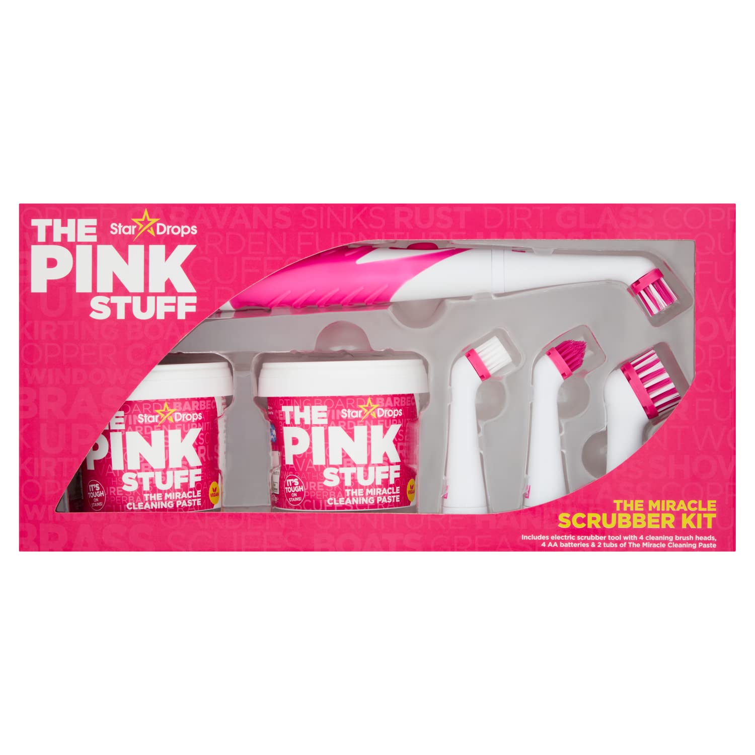 Stardrops The Pink Stuff Miracle Cleaning Paste Kit - 2 Tubs of All-Purpose Cleaner with Electric Scrubber & 4 Brush Heads for Kitchen, Bathroom & Tough Stains Removal