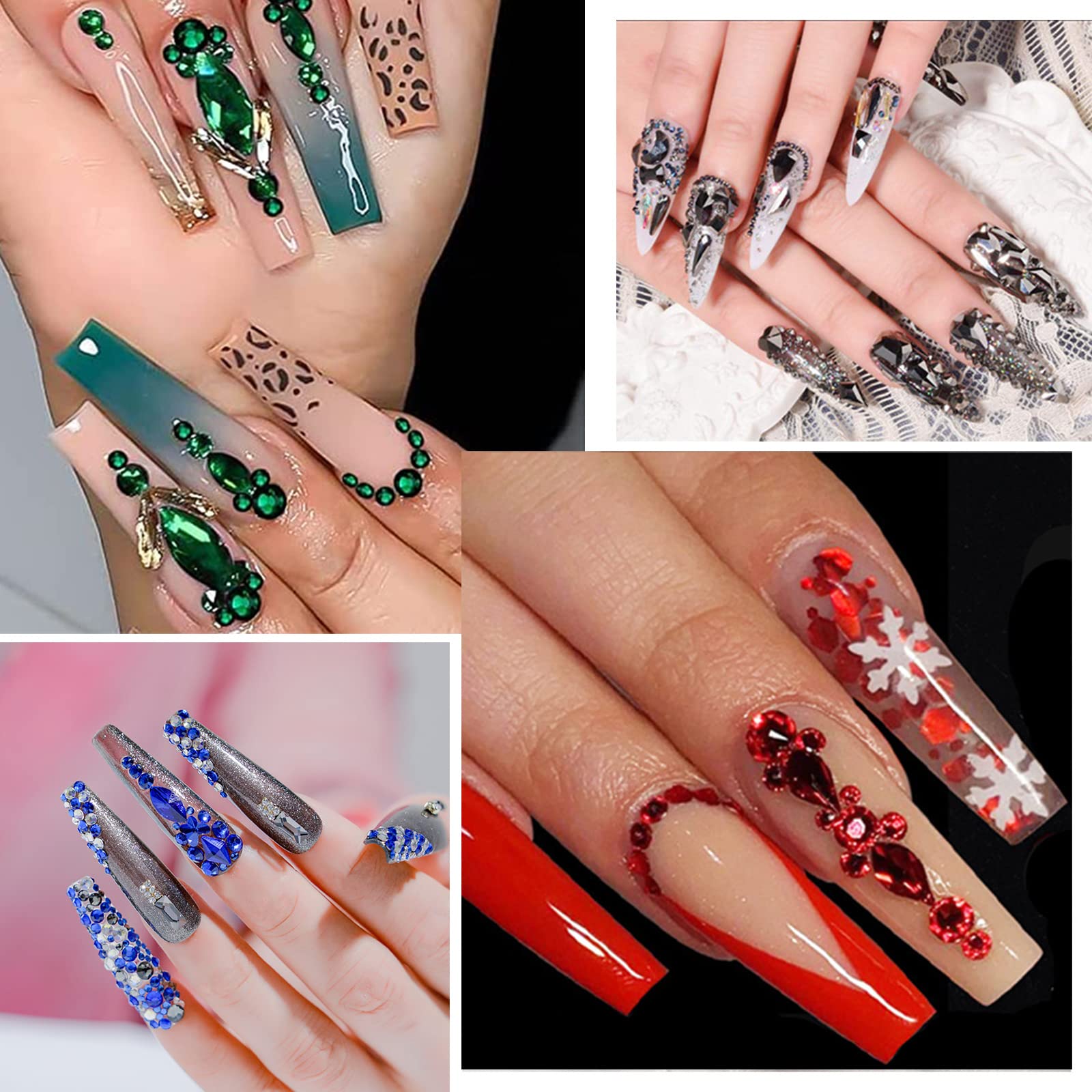 RODAKY 810Pcs 3D Rhinestones for Nails - 6 Shapes Flatback Gems, Nail Art Rhinestone Beads for DIY Nail Design, Makeup & Jewelry Crafting (Green) | Perfect for Salon, Home Manicure, Party & Wedding Nail Decorations