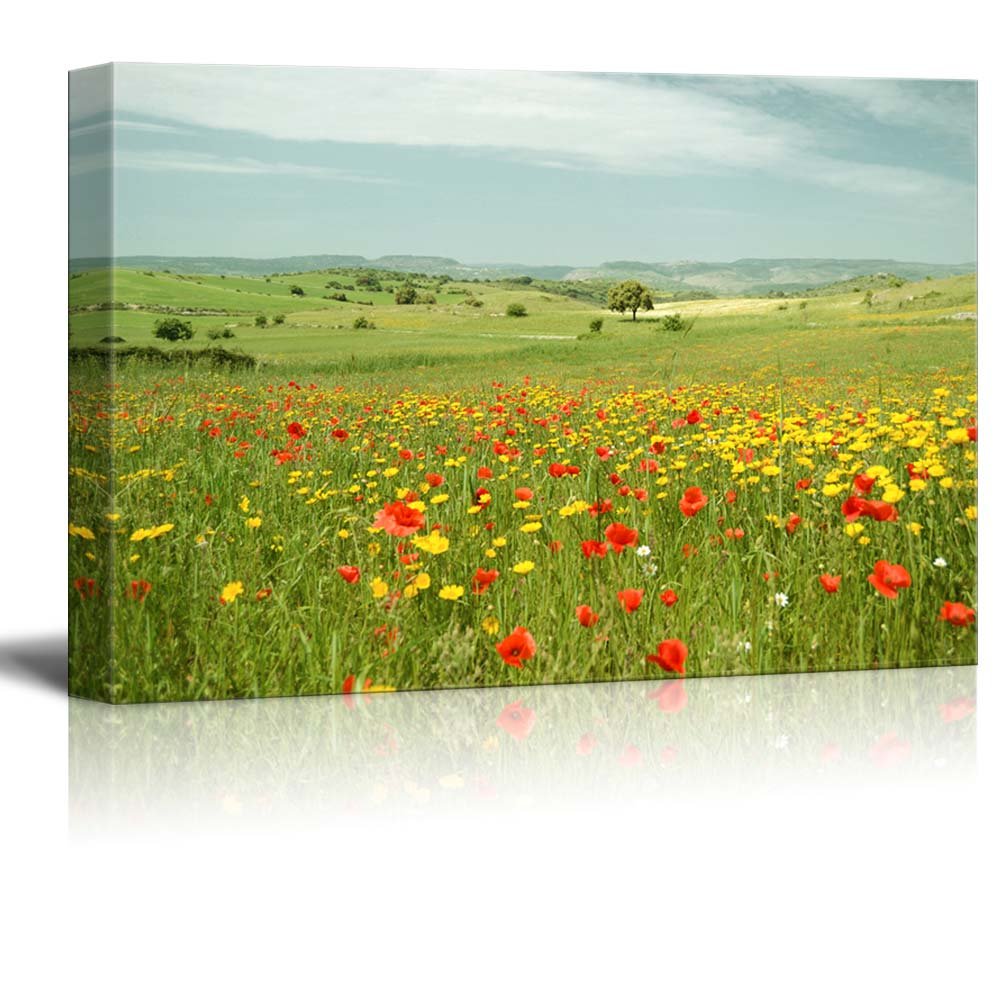 Stunning Poppies and Yellow Daisies Meadow Landscape Canvas Wall Art - 32x48 Inch Floral Nature Painting - Perfect for Living Room, Bedroom & Office Decor