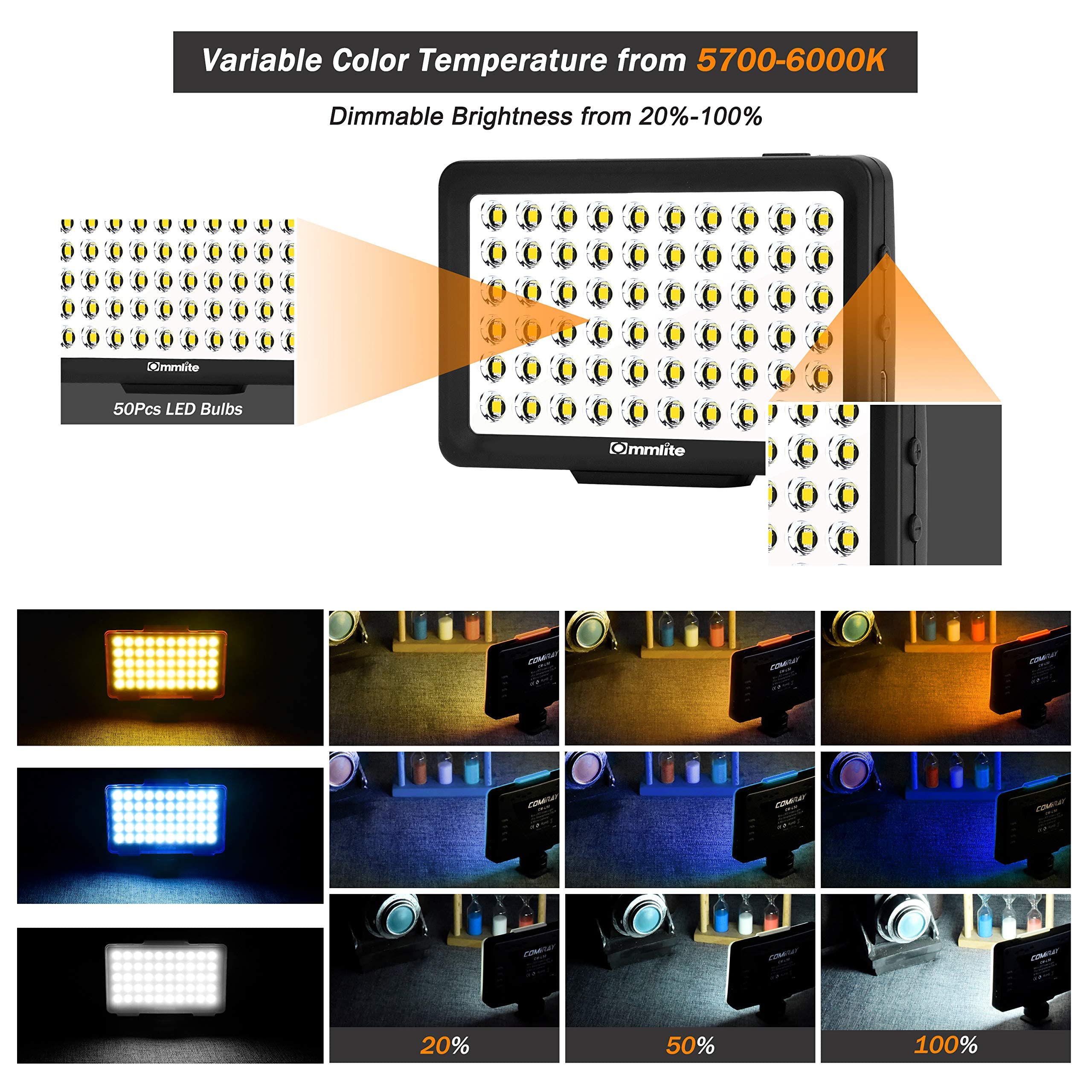 Commlite CM-L50 LED Camera Video Light - 50 LED 5700-6000K Dimmable Mini Panel Light for Smartphones & DSLR Cameras (Canon, Sony, Nikon, iPhone, Samsung, Huawei) - Perfect for YouTube, Vlogging, Photography & Live Streaming