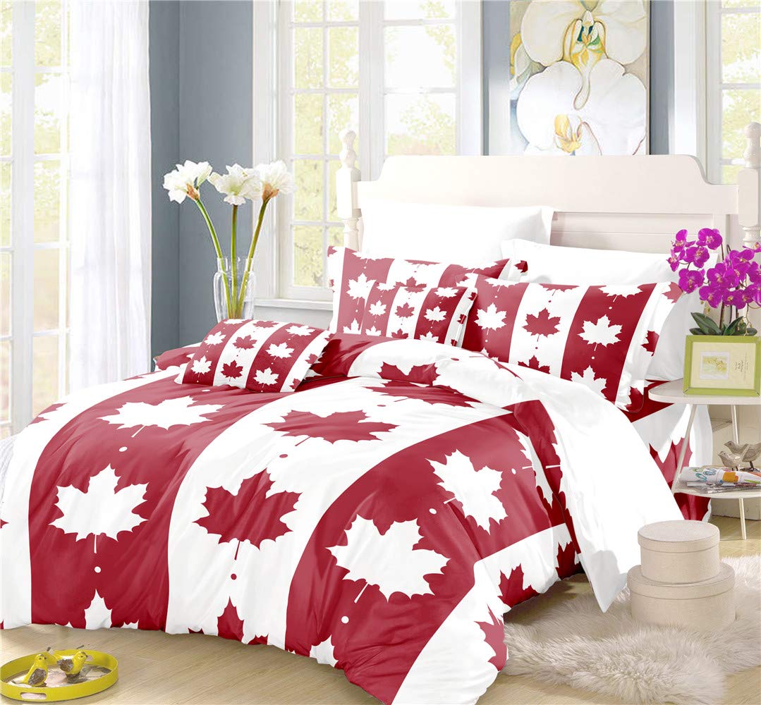 REALIN Canadian Flag Duvet Cover Set - Maple Leaf Flag Bedding with Quilt Cover, Sheets & Pillow Shams (2/3/4PCS) - Twin/Full/Queen/King Size - Perfect for Patriotic Home Decor, Bedroom Makeover & Canada Day Celebrations (Queen-228x228cm-4PCS)